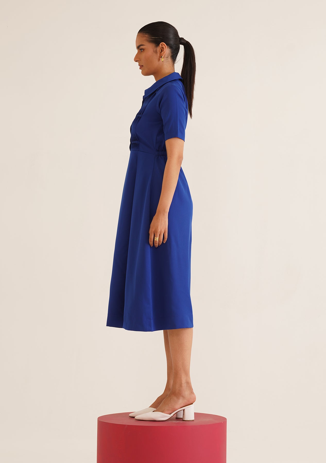 Wave Pintuck Midi Dress (Blue)