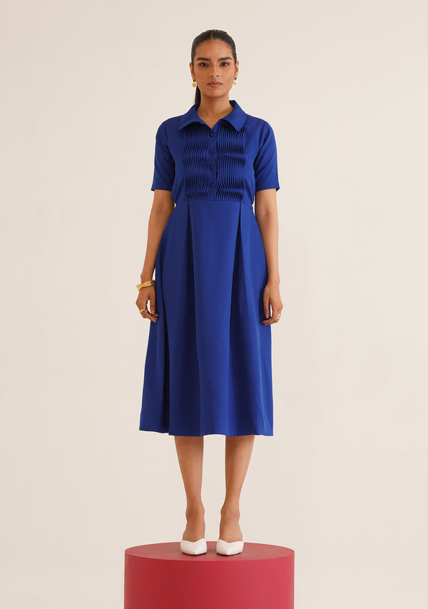 Wave Pintuck Midi Dress (Blue)