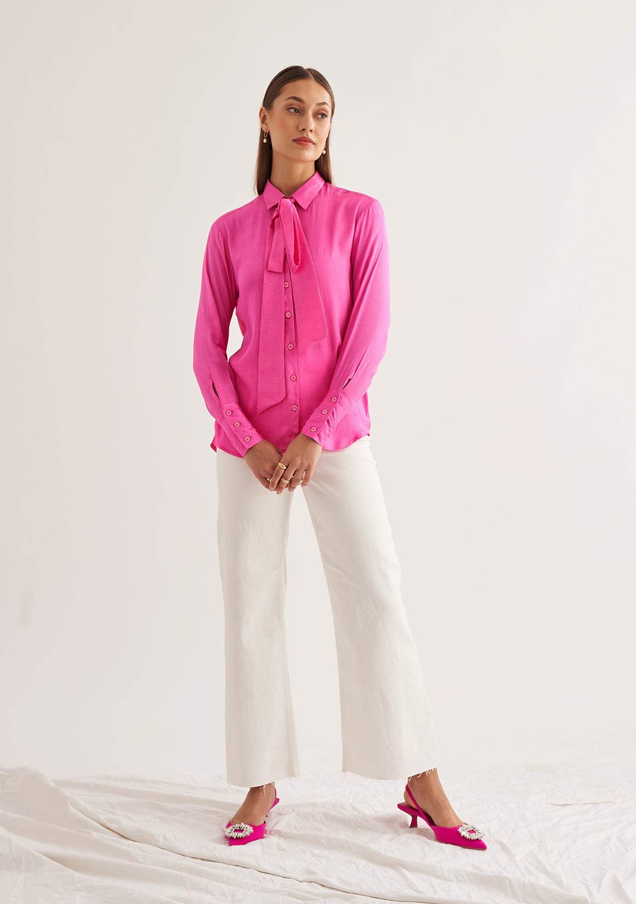 Angelina Shirt-Amoshi-Satin Jacquard pussy bow shirt