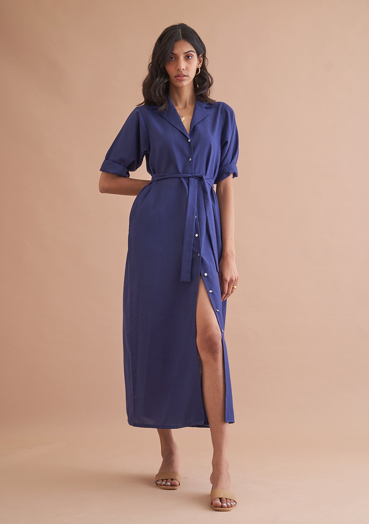 Amoshi Midas Buttondown Midi party wear Dress online - darkblue Š—– amoshi.in