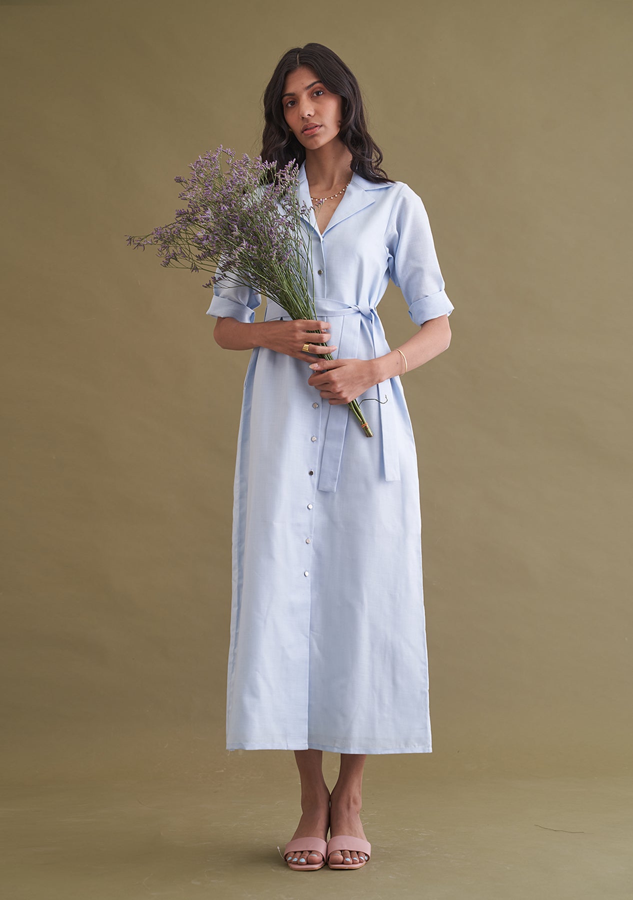 Amoshi Midas Buttondown Midi party wear Dress online - powderblue Š—– amoshi.in