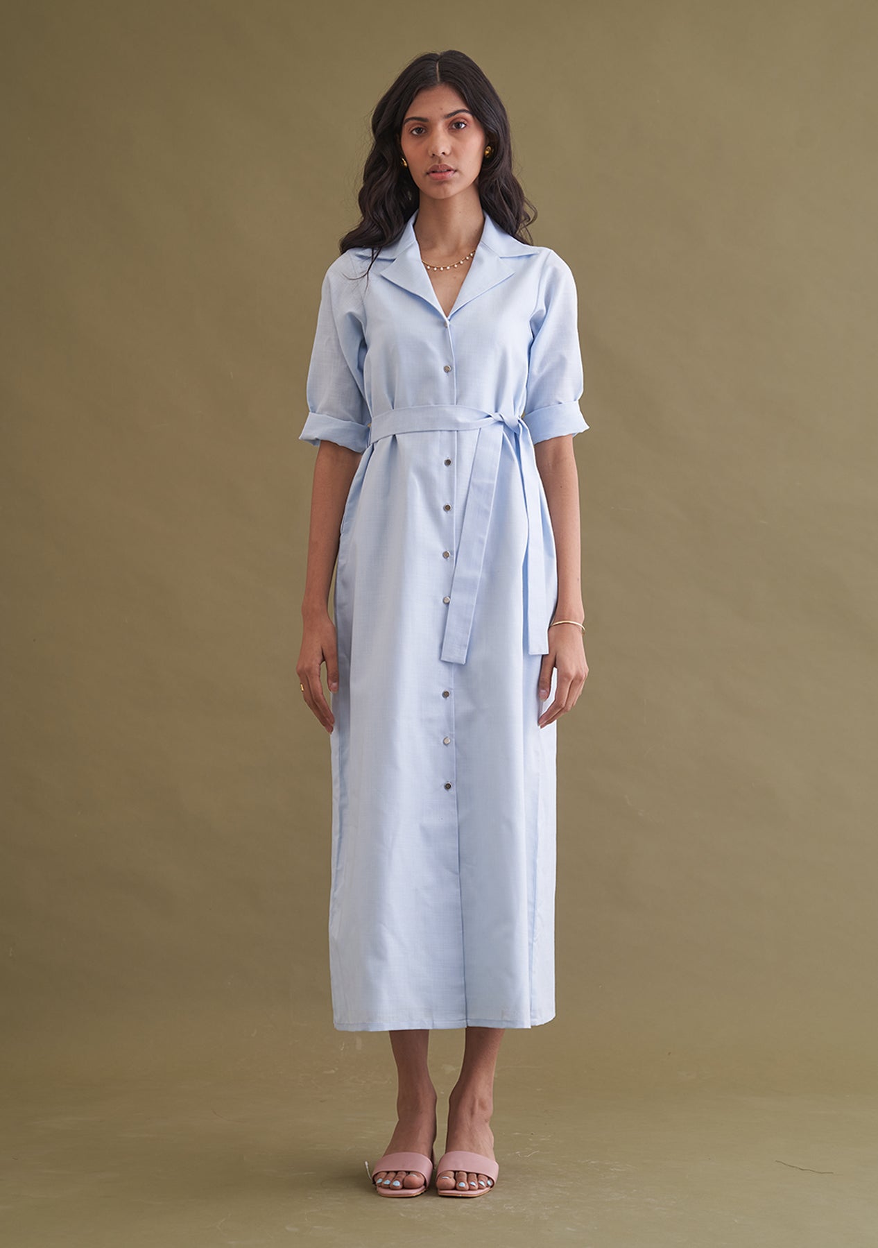 Amoshi Midas Buttondown Midi party wear Dress online - powderblue Š—– amoshi.in