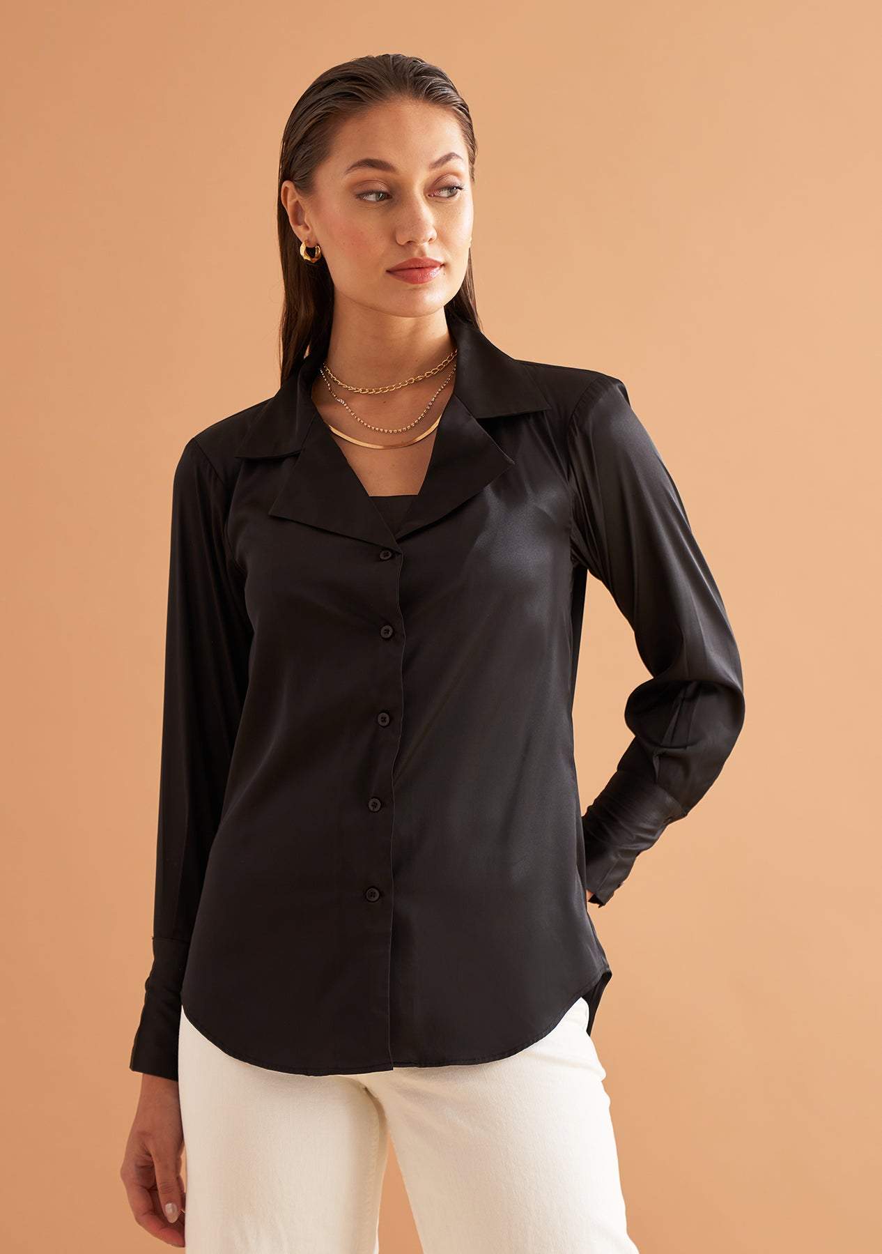 Lyla Shirt-Amoshi-Satin shirt with lapel collar