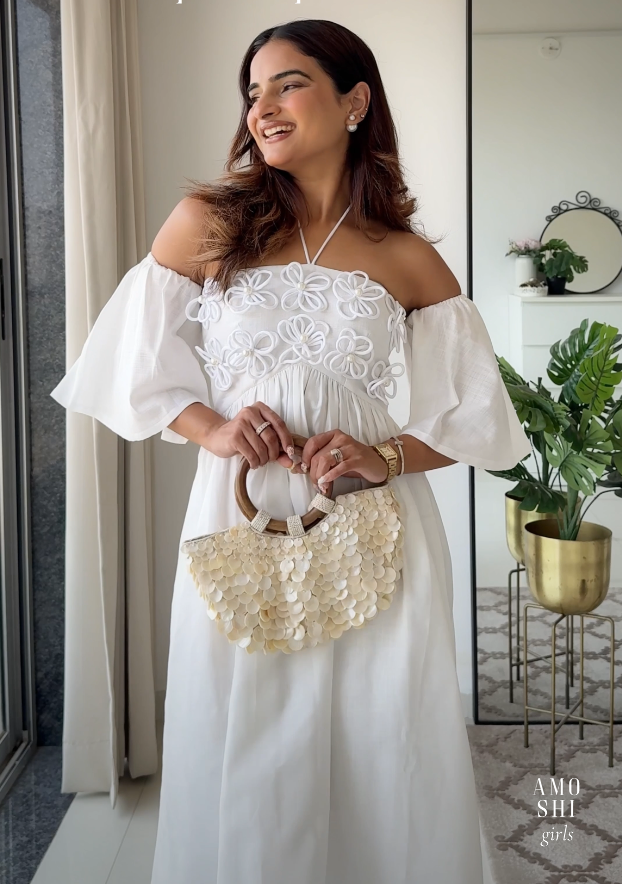 Elle Midi Dress with Detachable Sleeves (White)