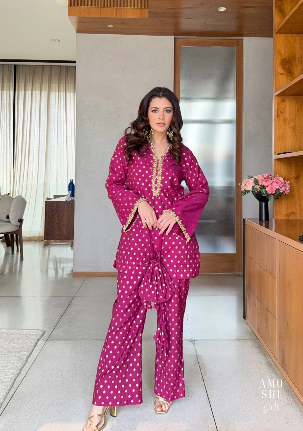 Begum Co-ord Set with Potli As Seen on Natasha Luthra (Berry Wine)