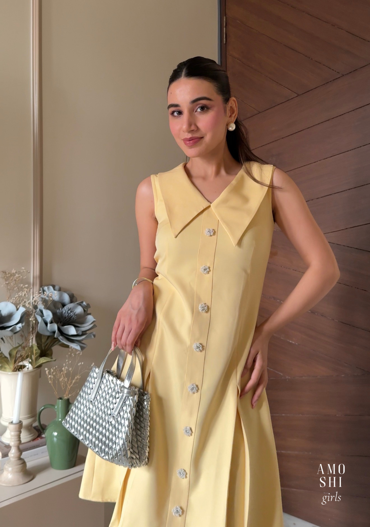 Eva Mini Dress with Embellished Flowers (Butter Yellow)
