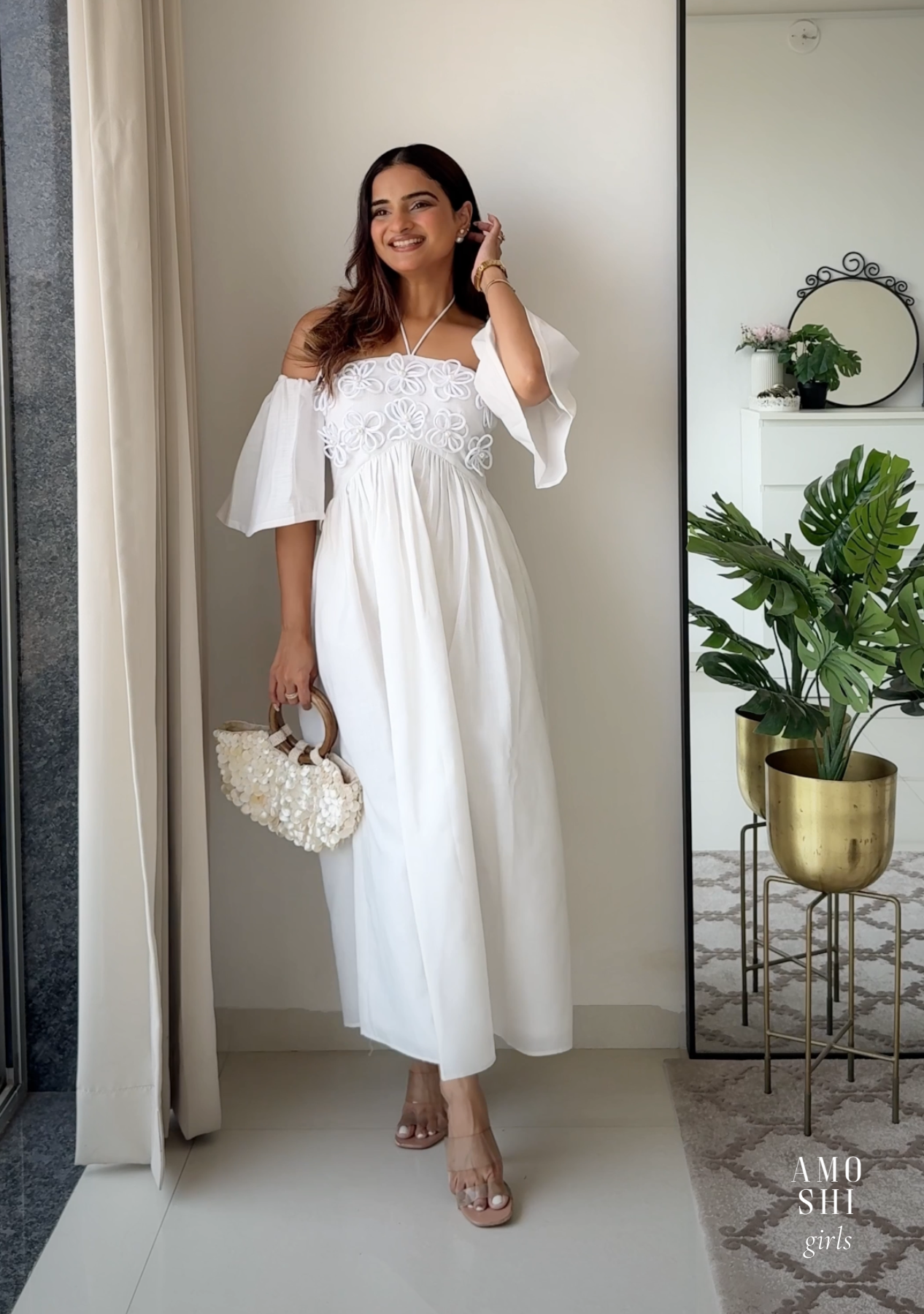Elle Midi Dress with Detachable Sleeves (White)