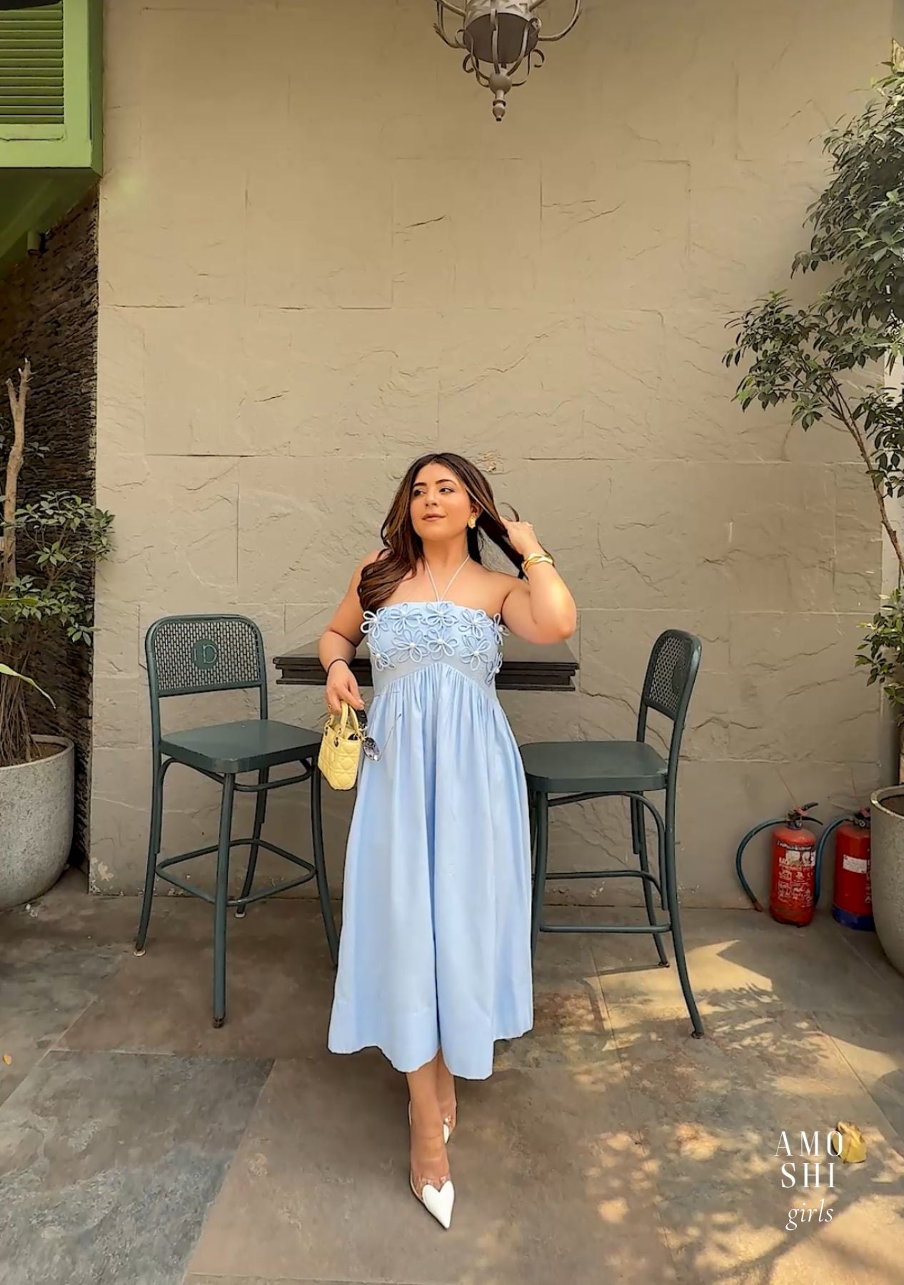 Elle Midi Dress with Detachable Sleeves (Powder Blue) As Seen On Meghna Pahwa