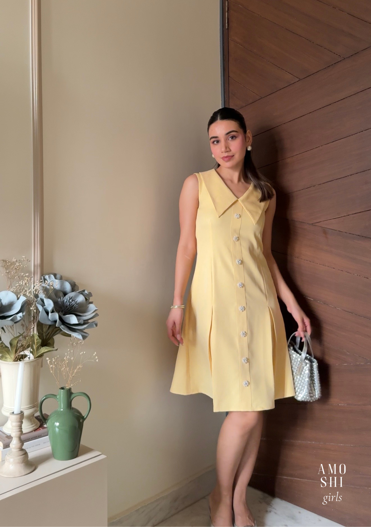 Eva Mini Dress with Embellished Flowers (Butter Yellow)