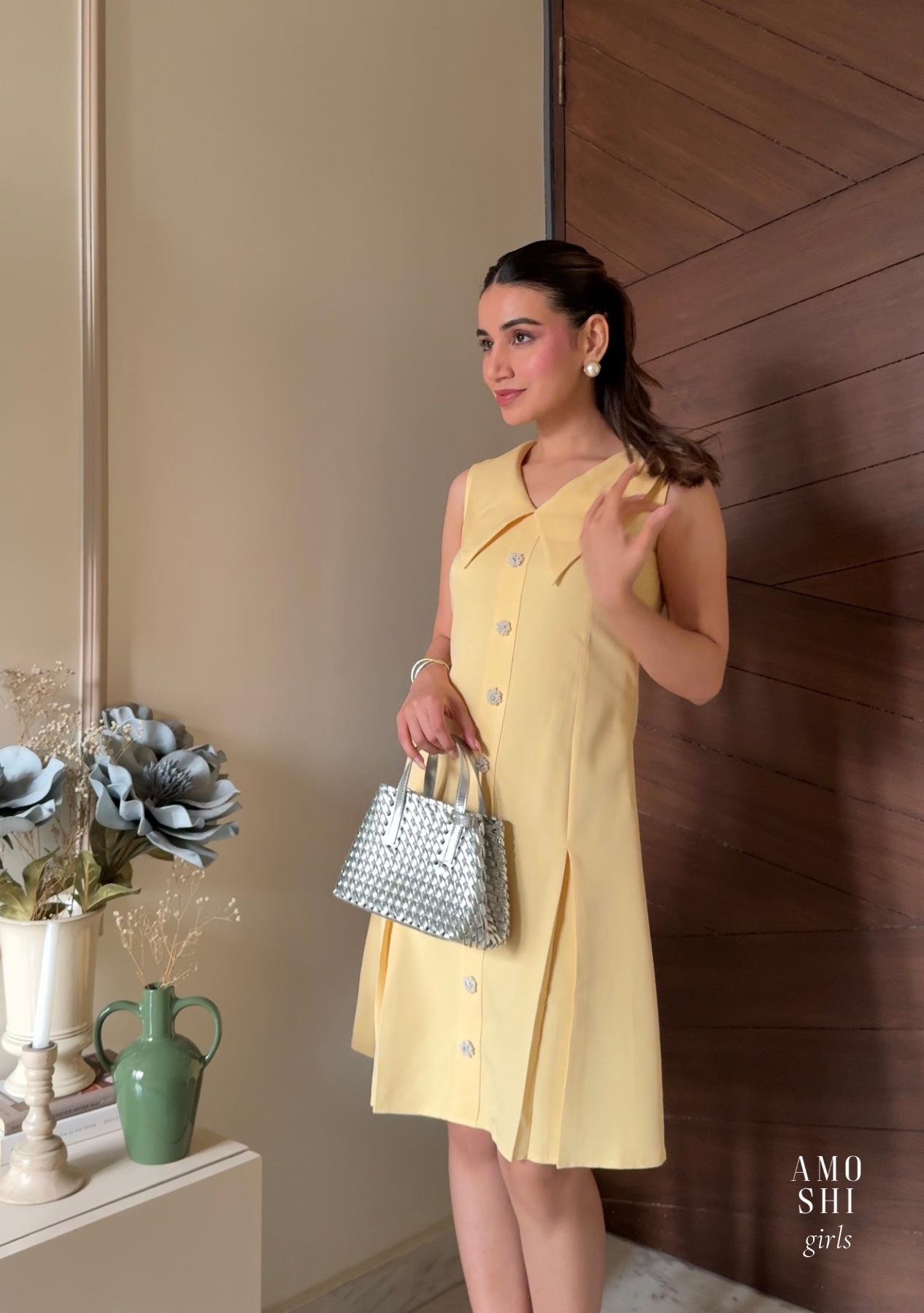Eva Mini Dress with Embellished Flowers (Butter Yellow)