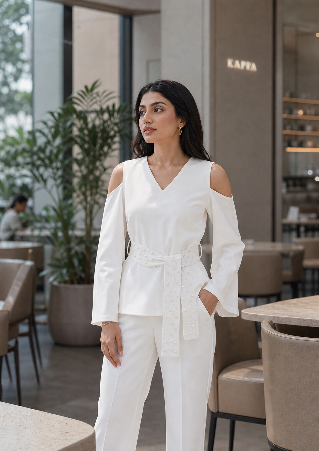 Cold Shoulder Top with Pearl belt (White)