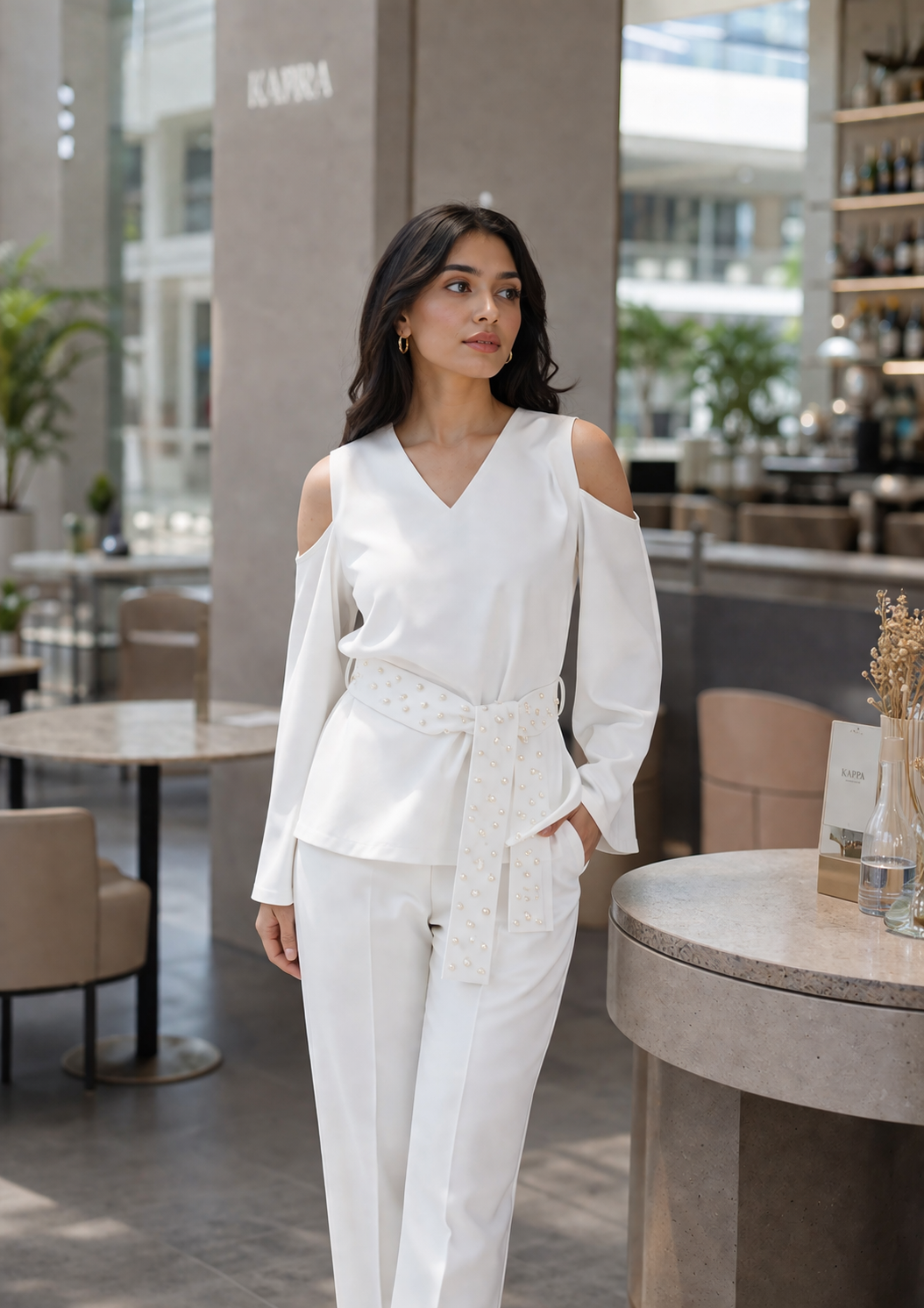 Cold Shoulder Top with Pearl belt (White)