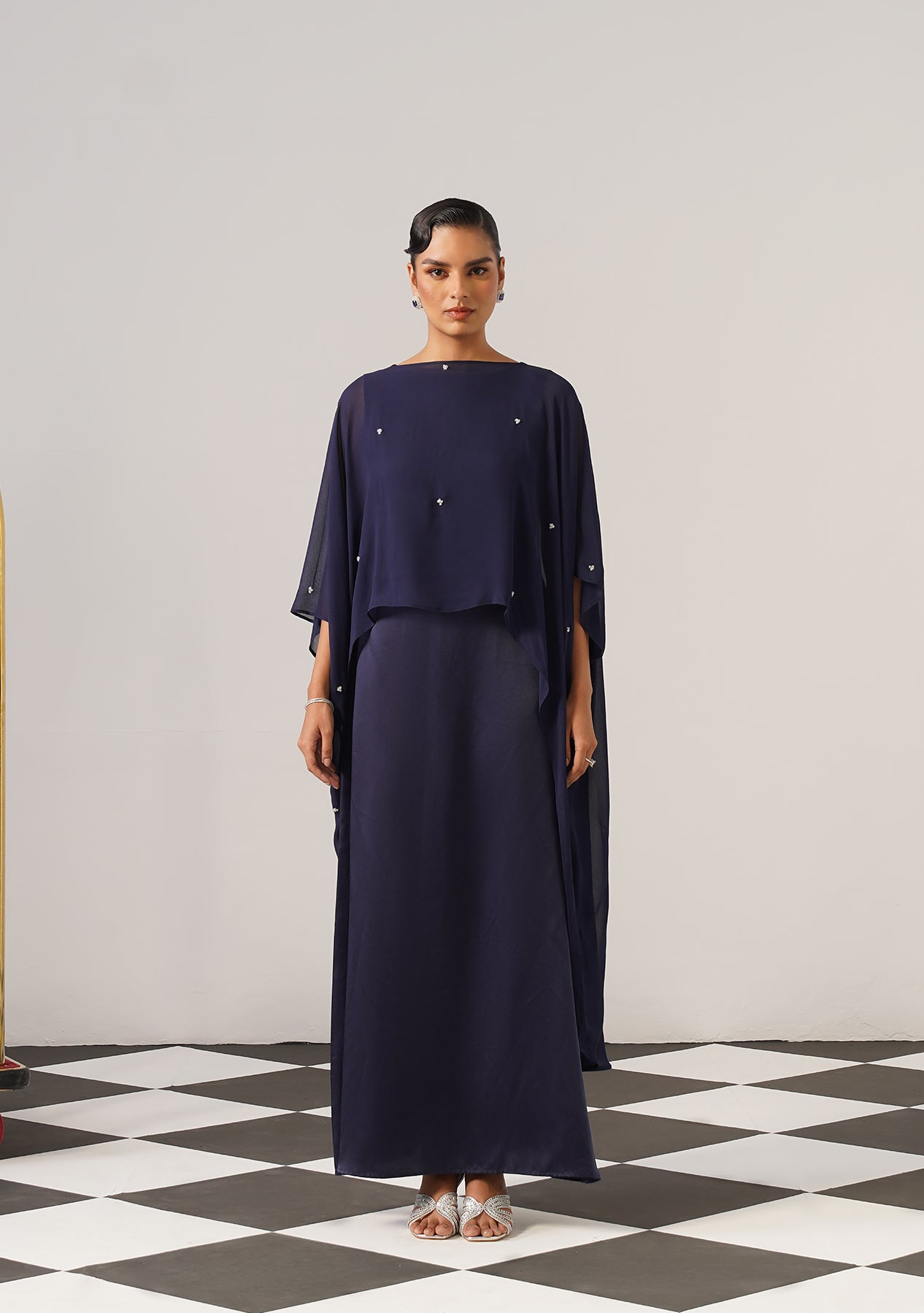 Helena Gown with Embroidered Cape (Navy)
