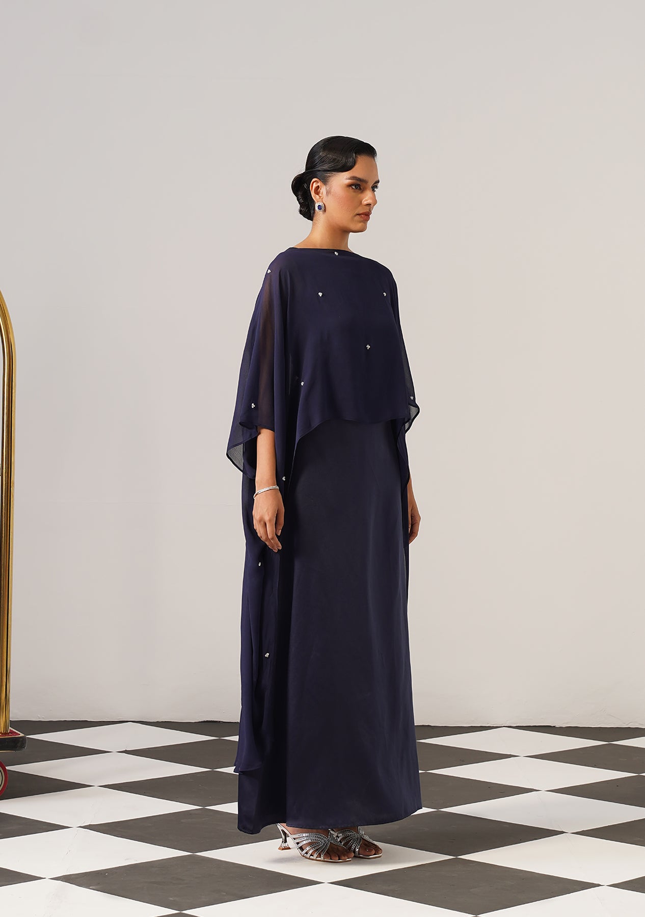 Helena Gown with Embroidered Cape (Navy)