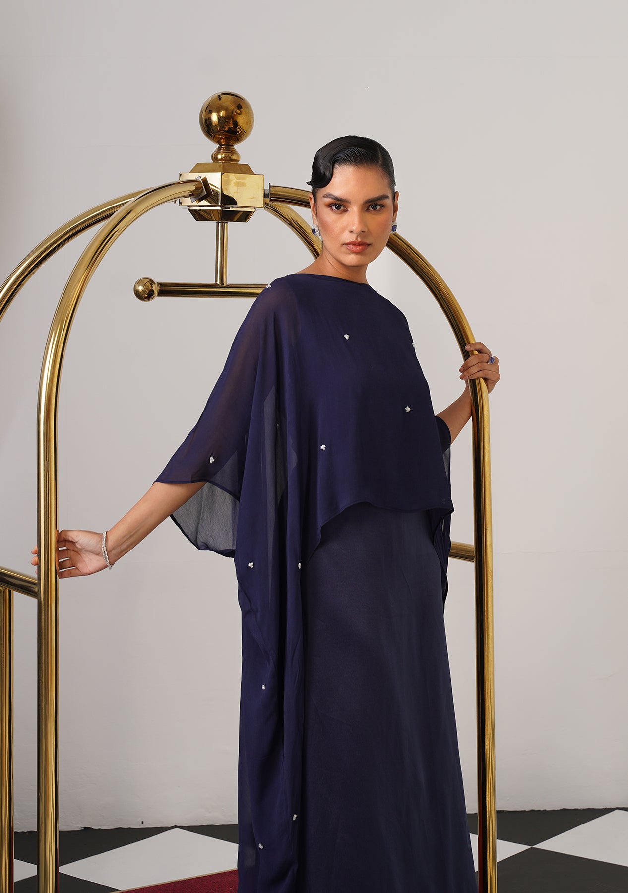 Helena Gown with Embroidered Cape (Navy)