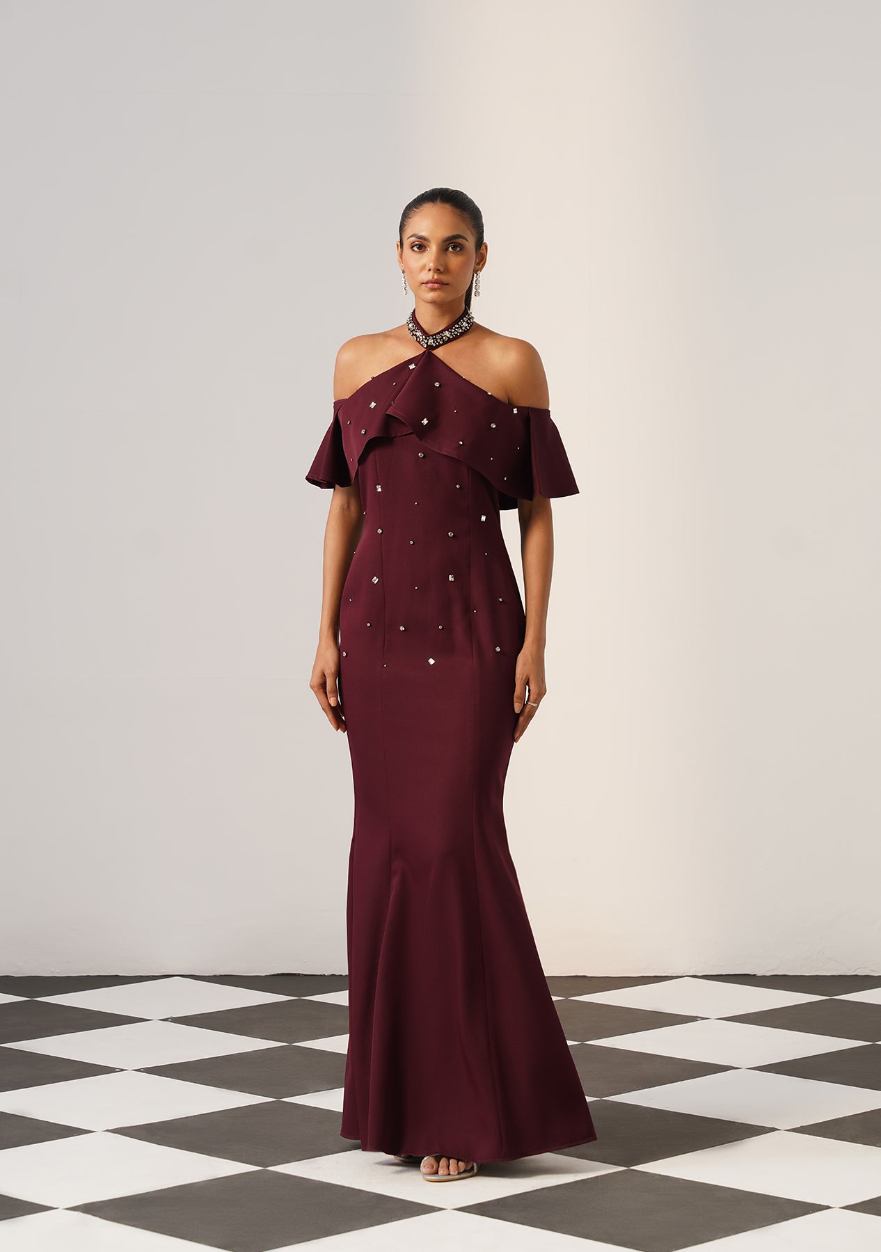 Elysia Rhinestone Gown (Burgundy)