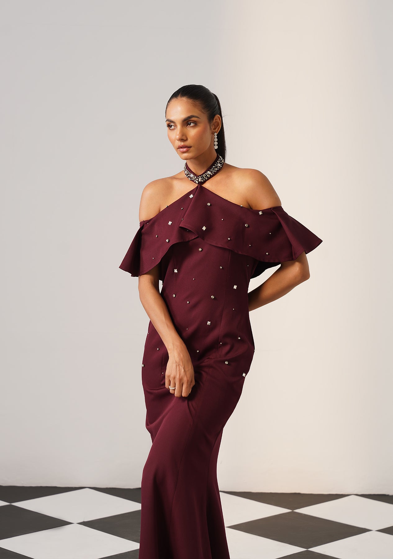 Elysia Rhinestone Gown (Burgundy)