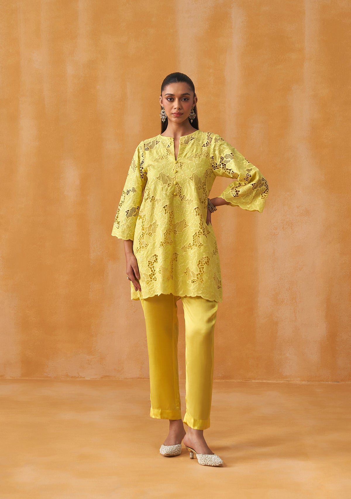 Adaa Cutwork Co-ord Set (Yellow)