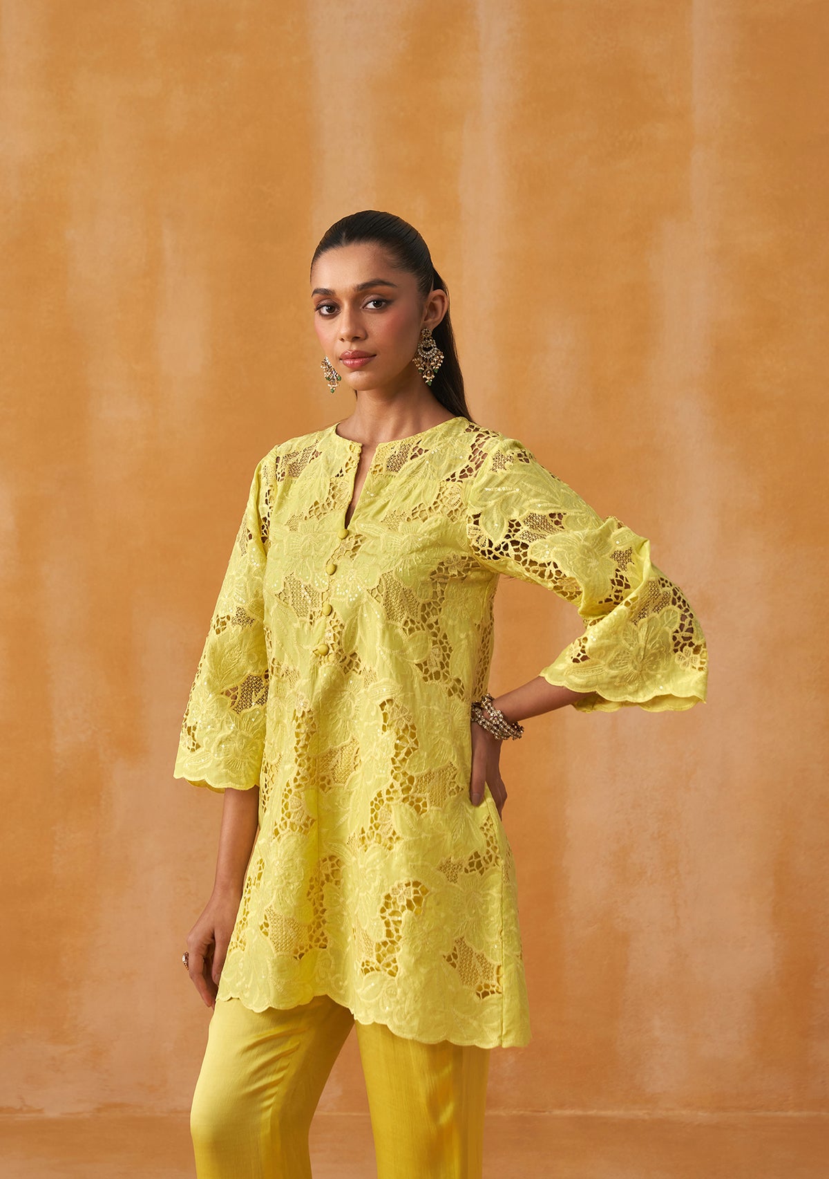 Adaa Cutwork Co-ord Set (Yellow)