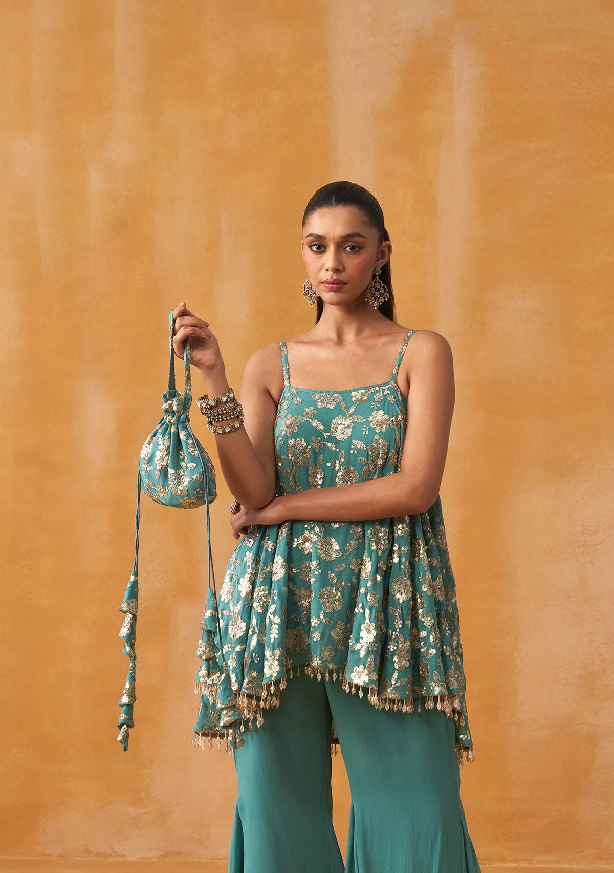 Pataka Sharara Set With Potli (Teal)