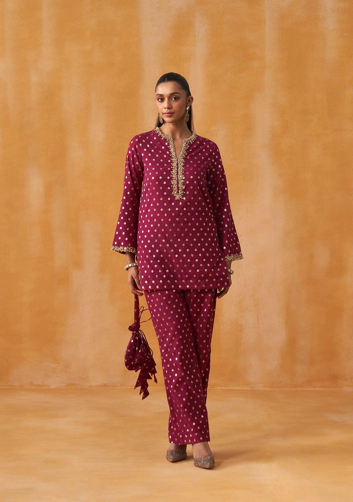 Begum Co-ord Set with Potli (Berry Wine)