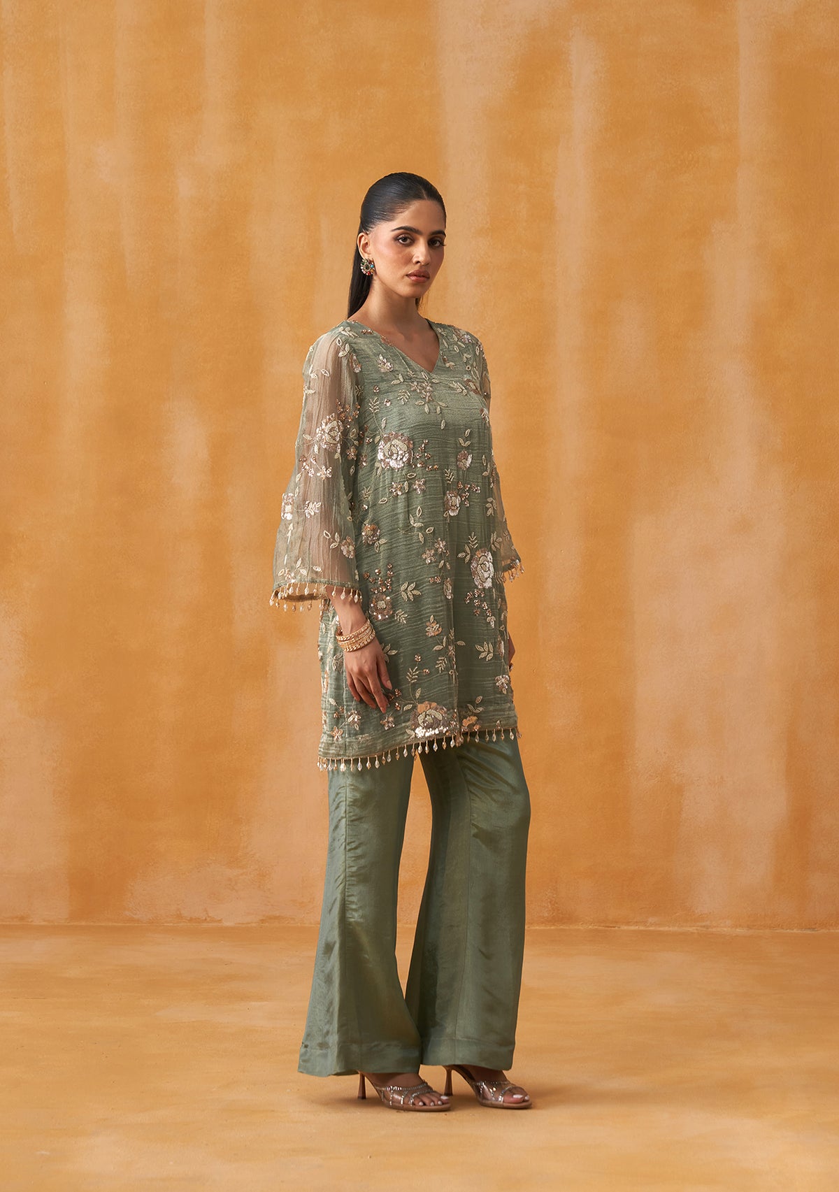 Crushed Tissue Mehfil Co-ord Set (Dusty Sage)