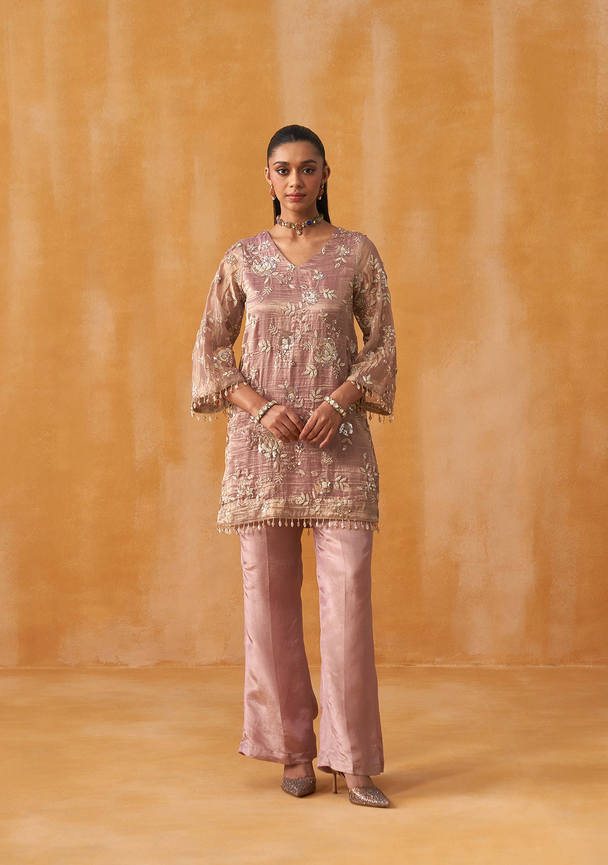 Crushed Tissue Mehfil Co-ord Set (Dusty Rose)