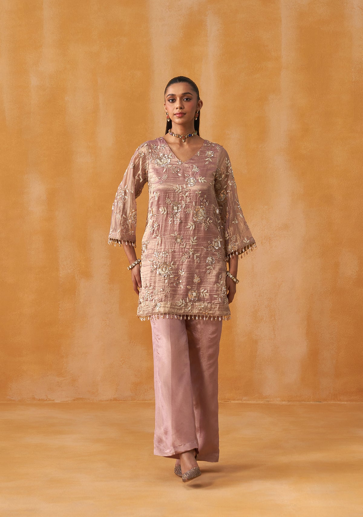Crushed Tissue Mehfil Co-ord Set (Dusty Rose)