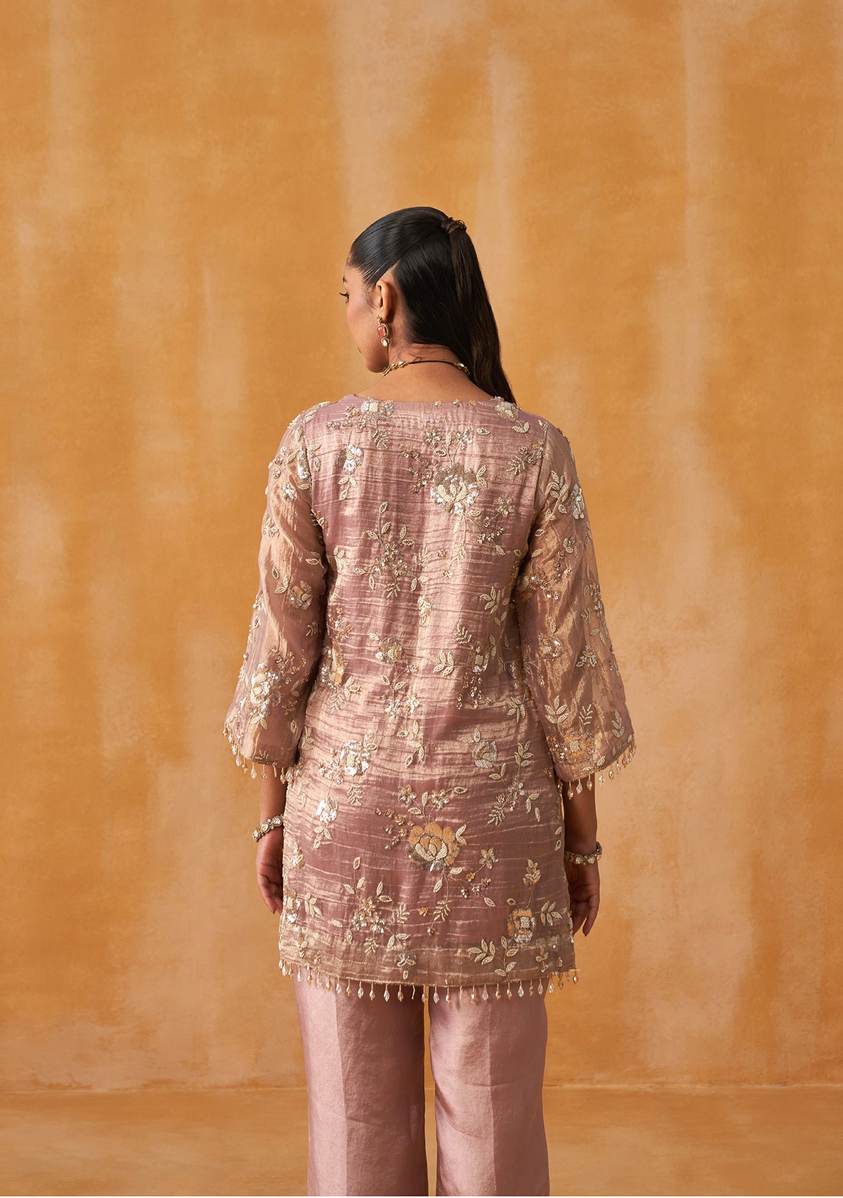 Crushed Tissue Mehfil Co-ord Set (Dusty Rose)