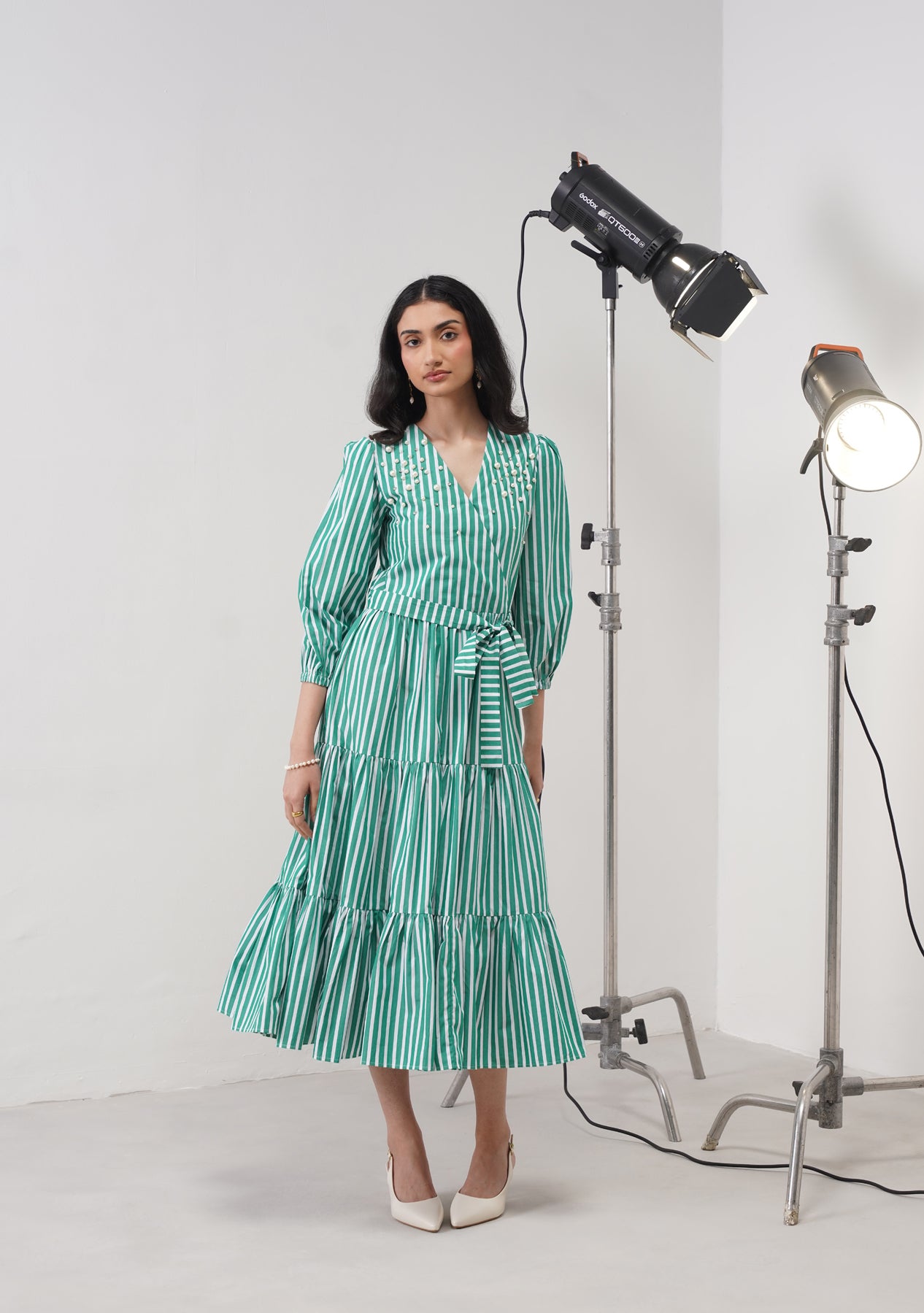 Marina Embellished Midi Dress (Green Striped)