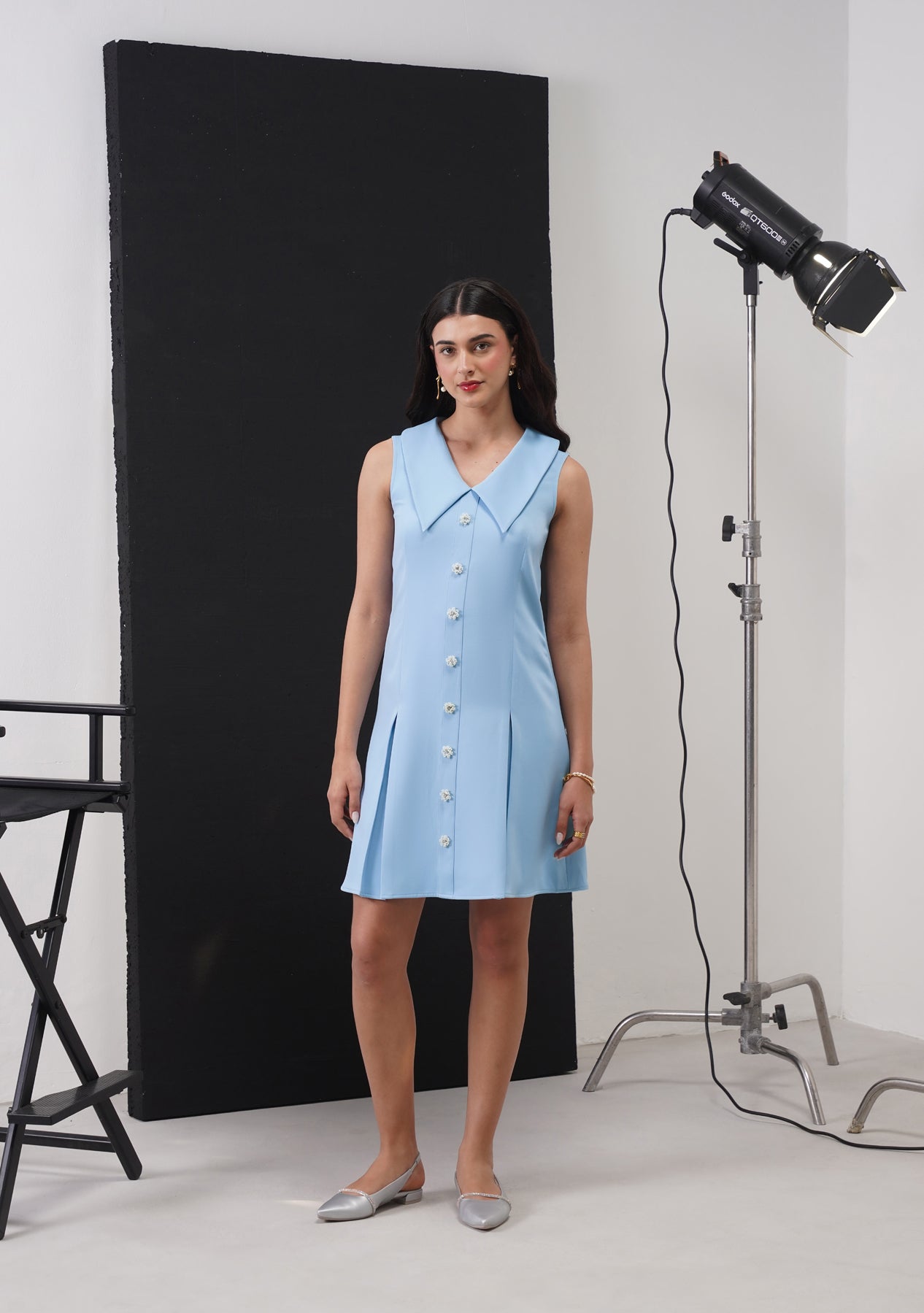 Eva Mini Dress with Embellished Flowers (Powder Blue)