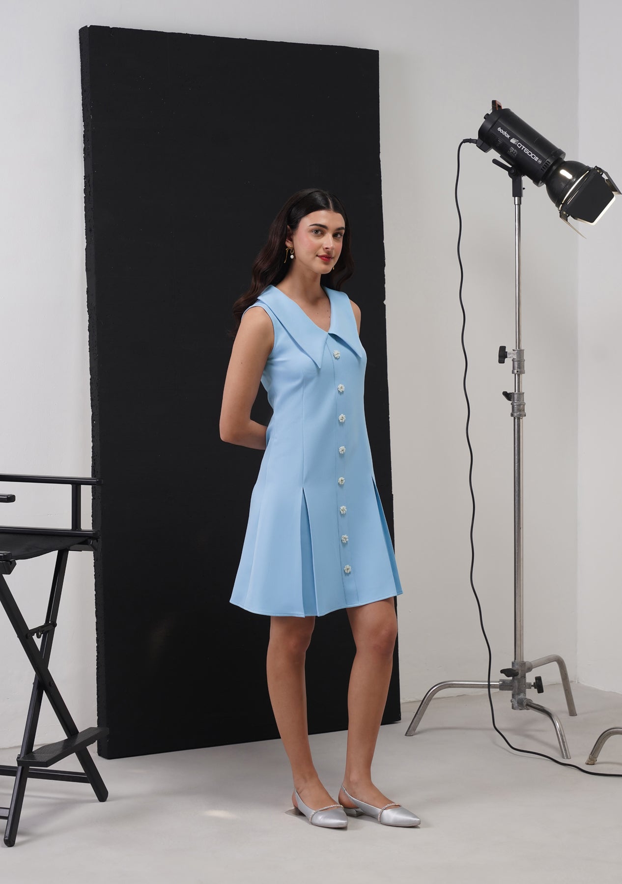 Eva Mini Dress with Embellished Flowers (Powder Blue)