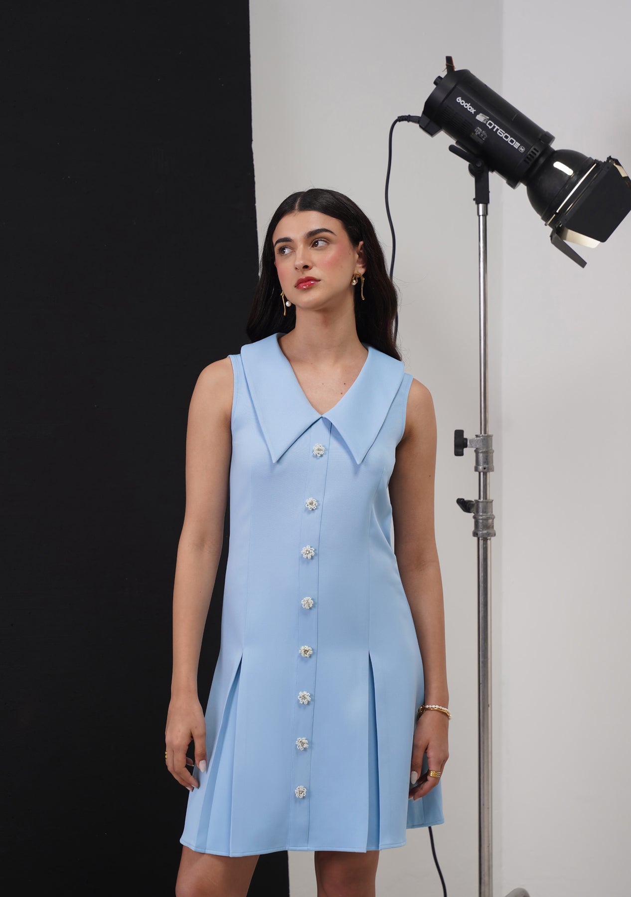 Eva Mini Dress with Embellished Flowers (Powder Blue)