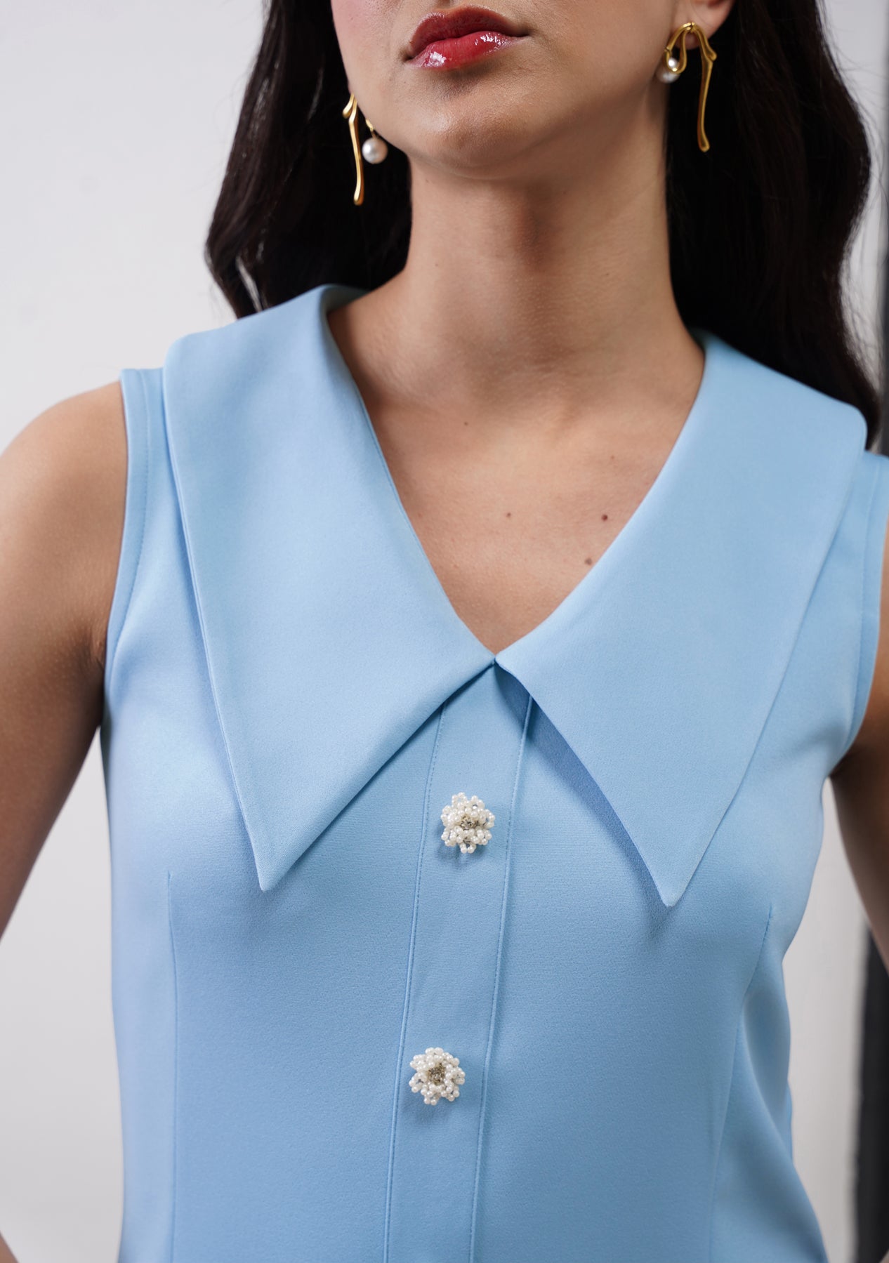 Eva Mini Dress with Embellished Flowers (Powder Blue)