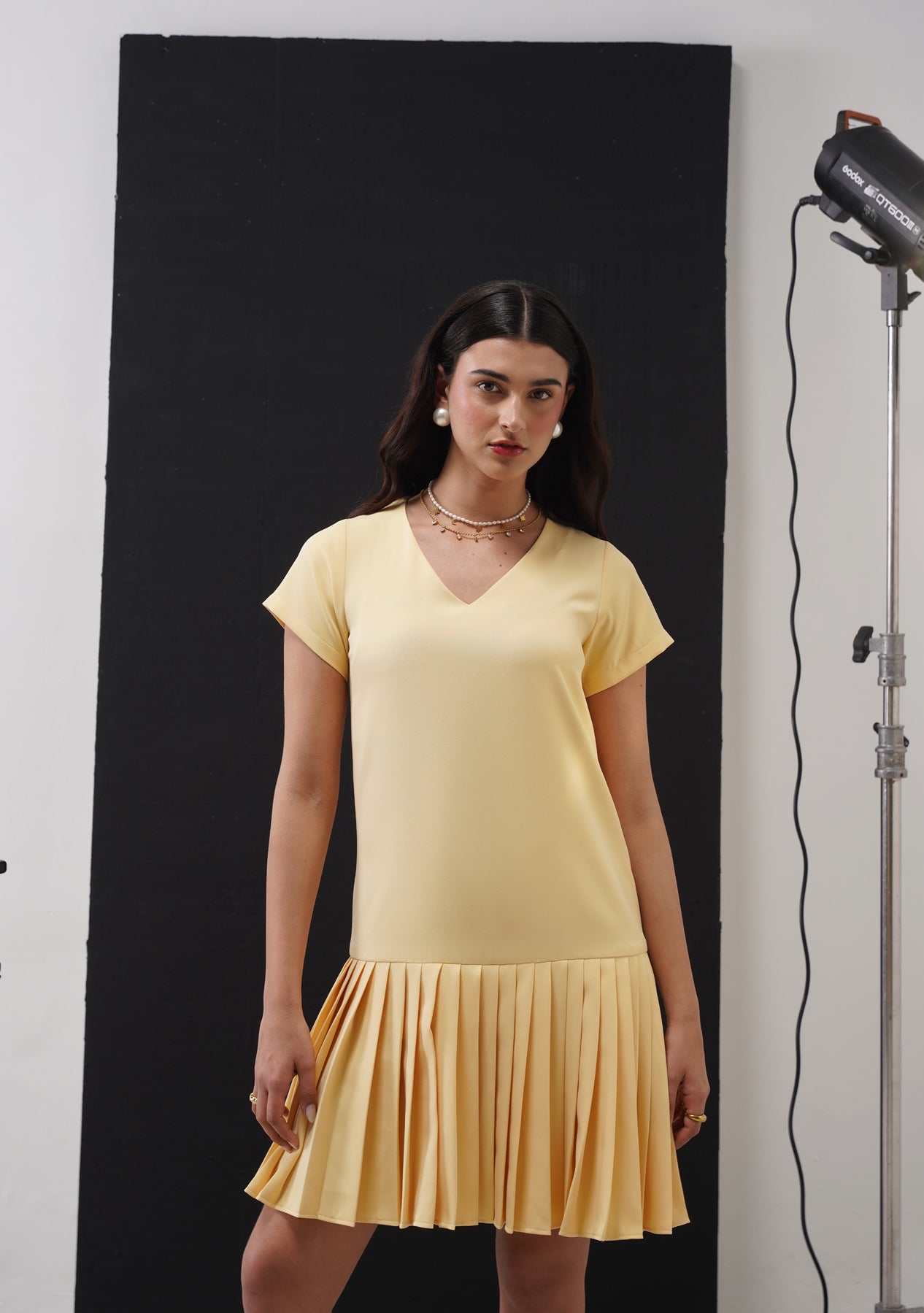 Angela Pleated Tunic Dress (Butter Yellow)