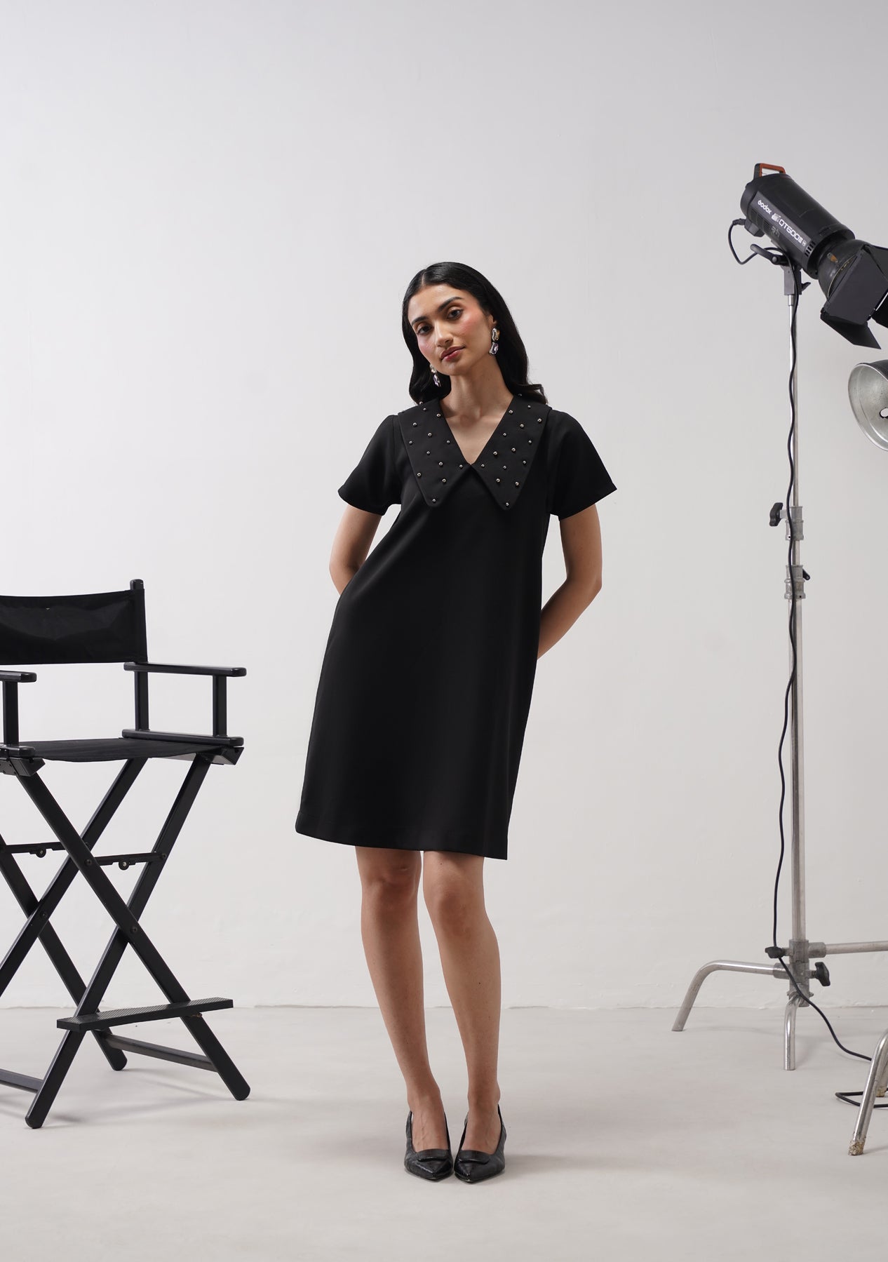 Flap Collar Dress with Embellished Pearls (Black)