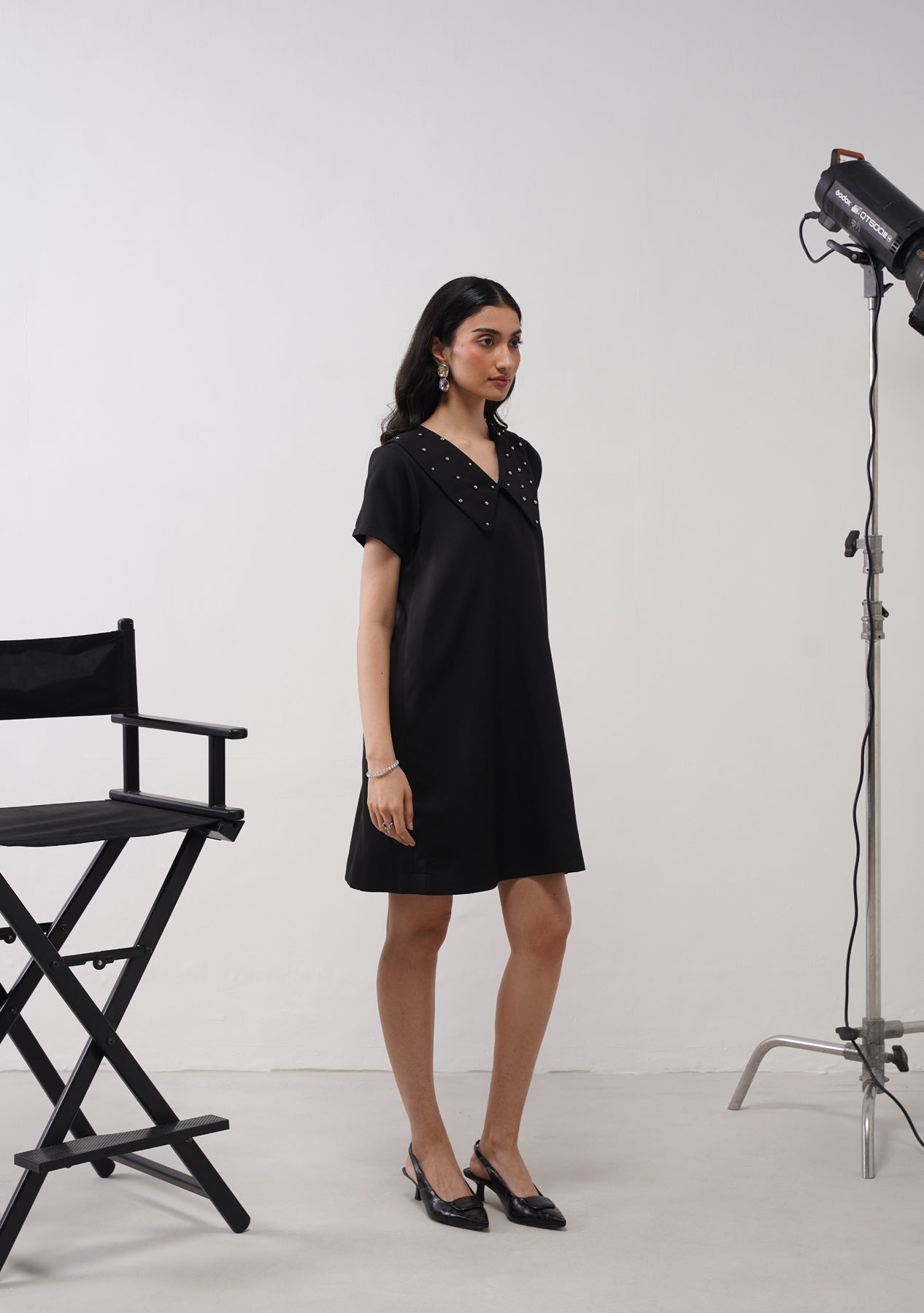 Flap Collar Dress with Embellished Pearls (Black)