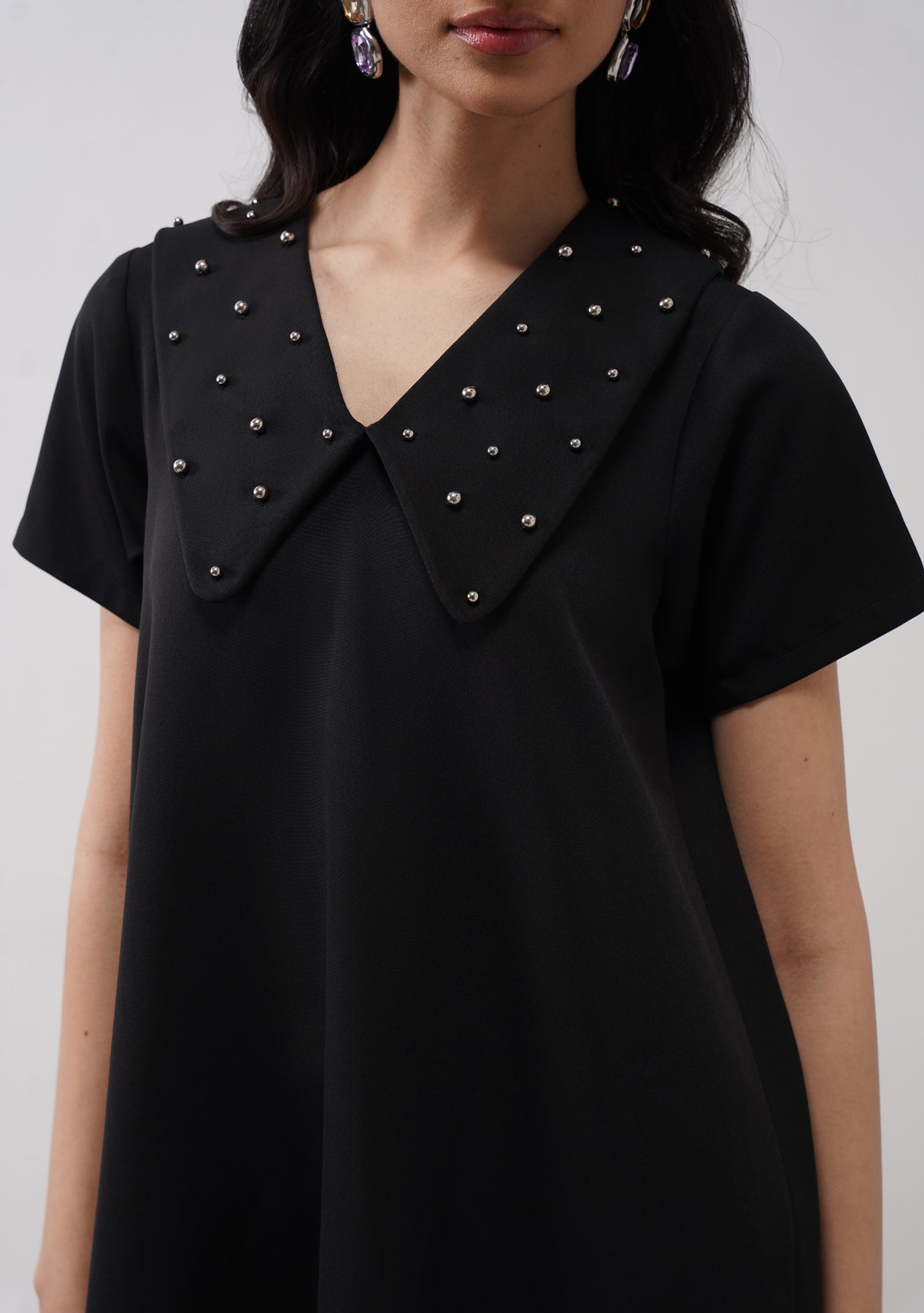 Flap Collar Dress with Embellished Pearls (Black)
