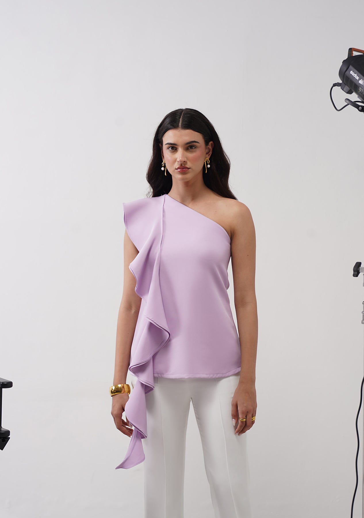 One-Shoulder Cascade Co-ord Set (Lilac)