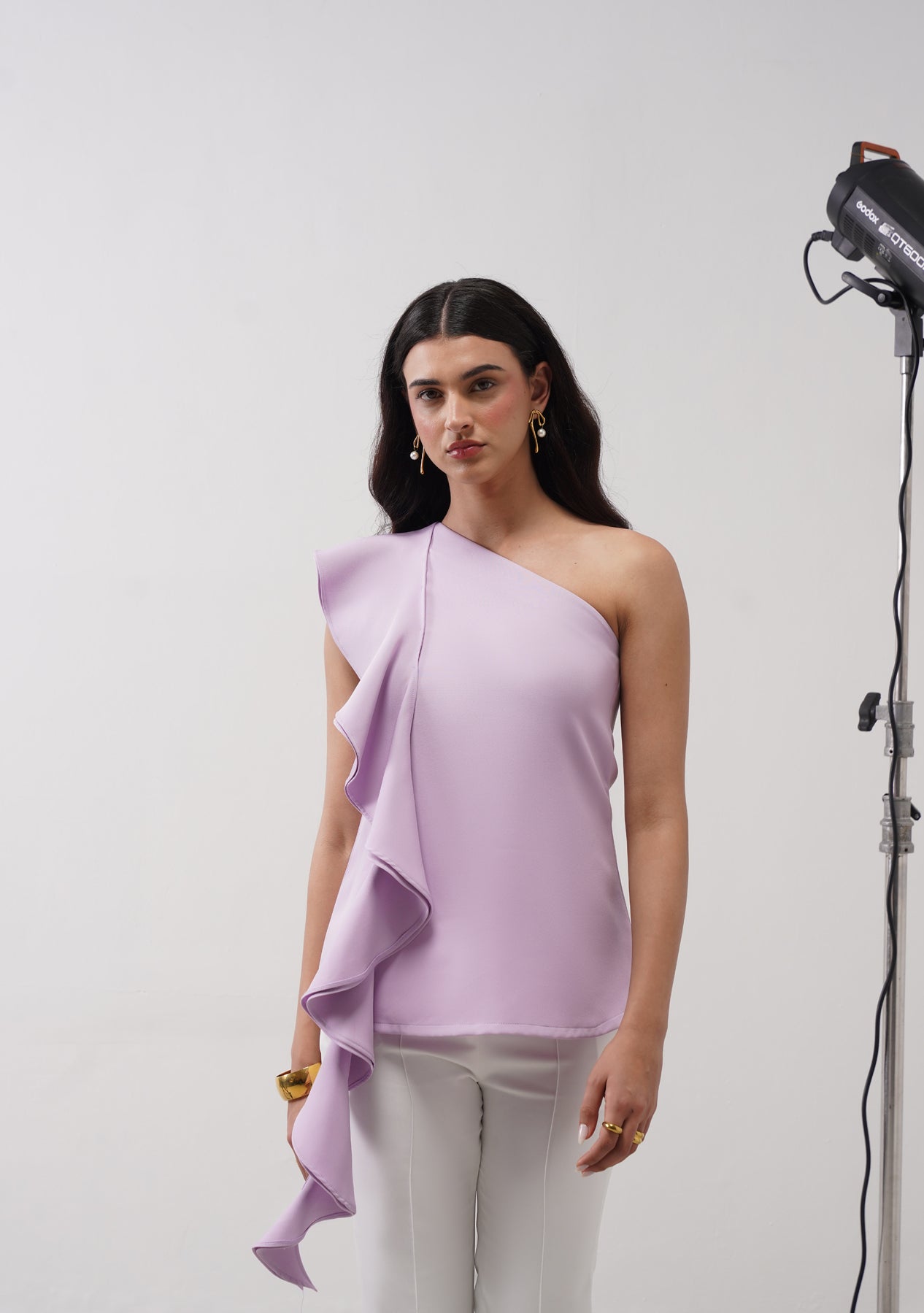 One-Shoulder Cascade Co-ord Set (Lilac)