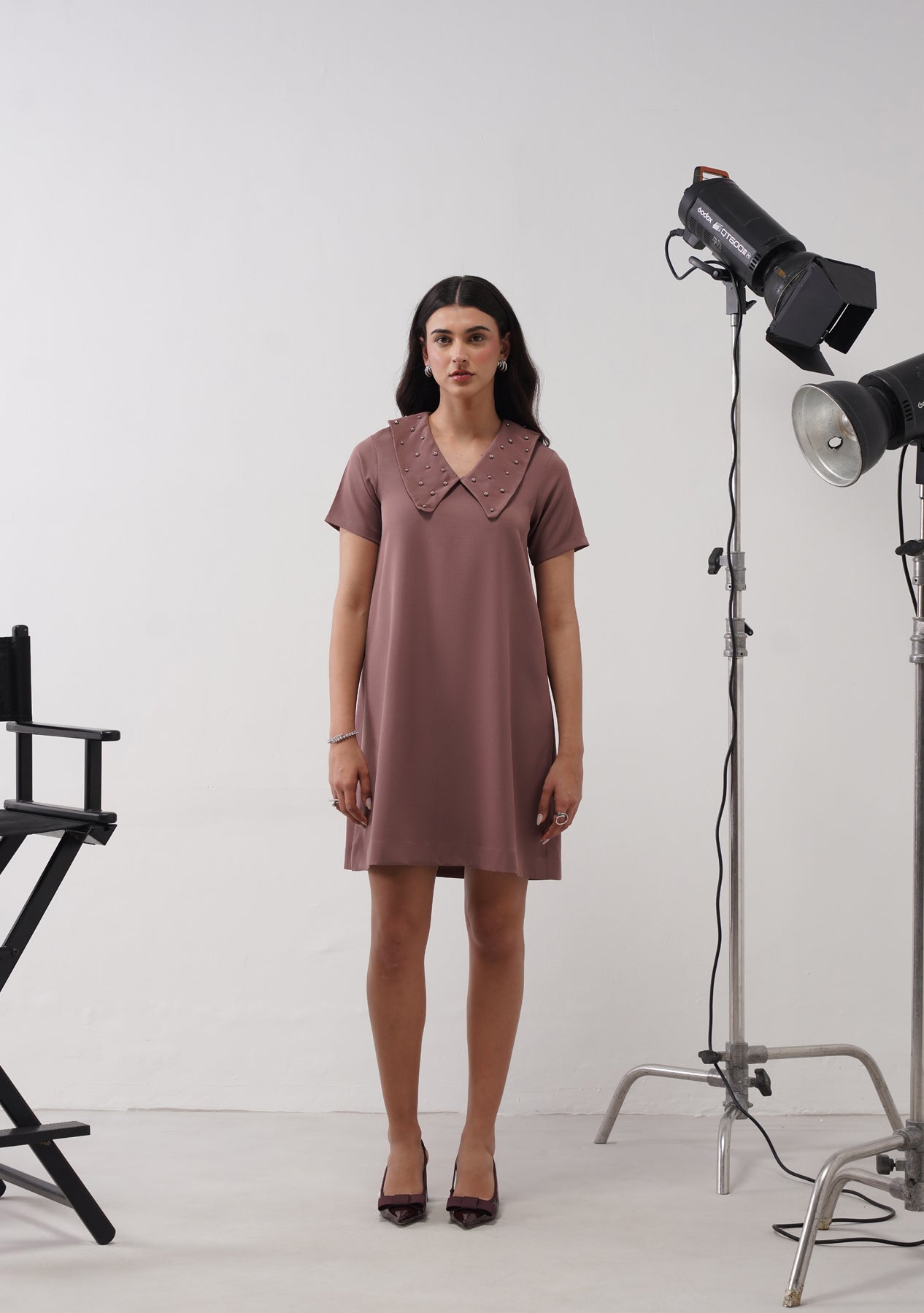 Flap Collar Dress with Embellished Pearls (Mocha Mousse)