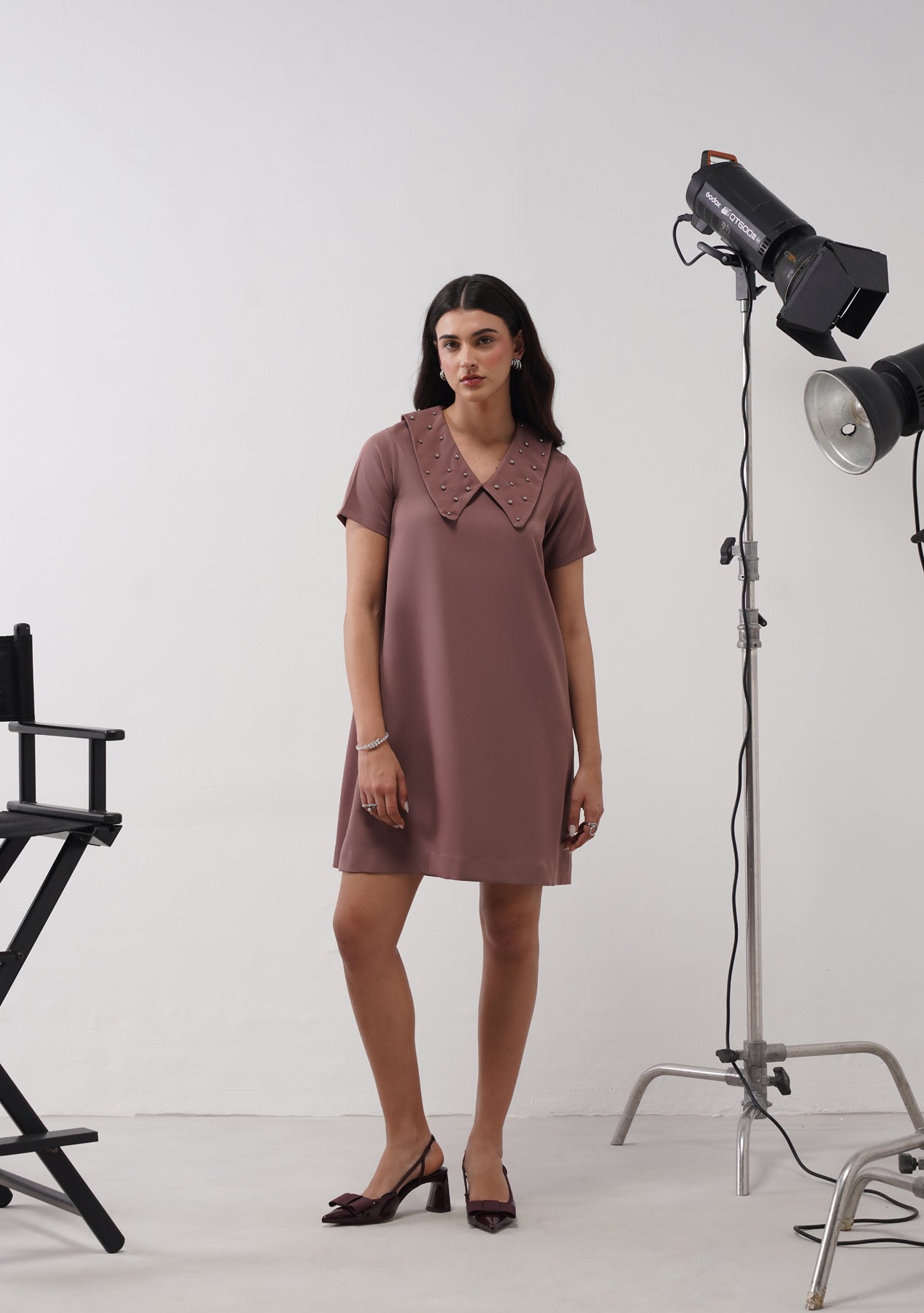 Flap Collar Dress with Embellished Pearls (Mocha Mousse)