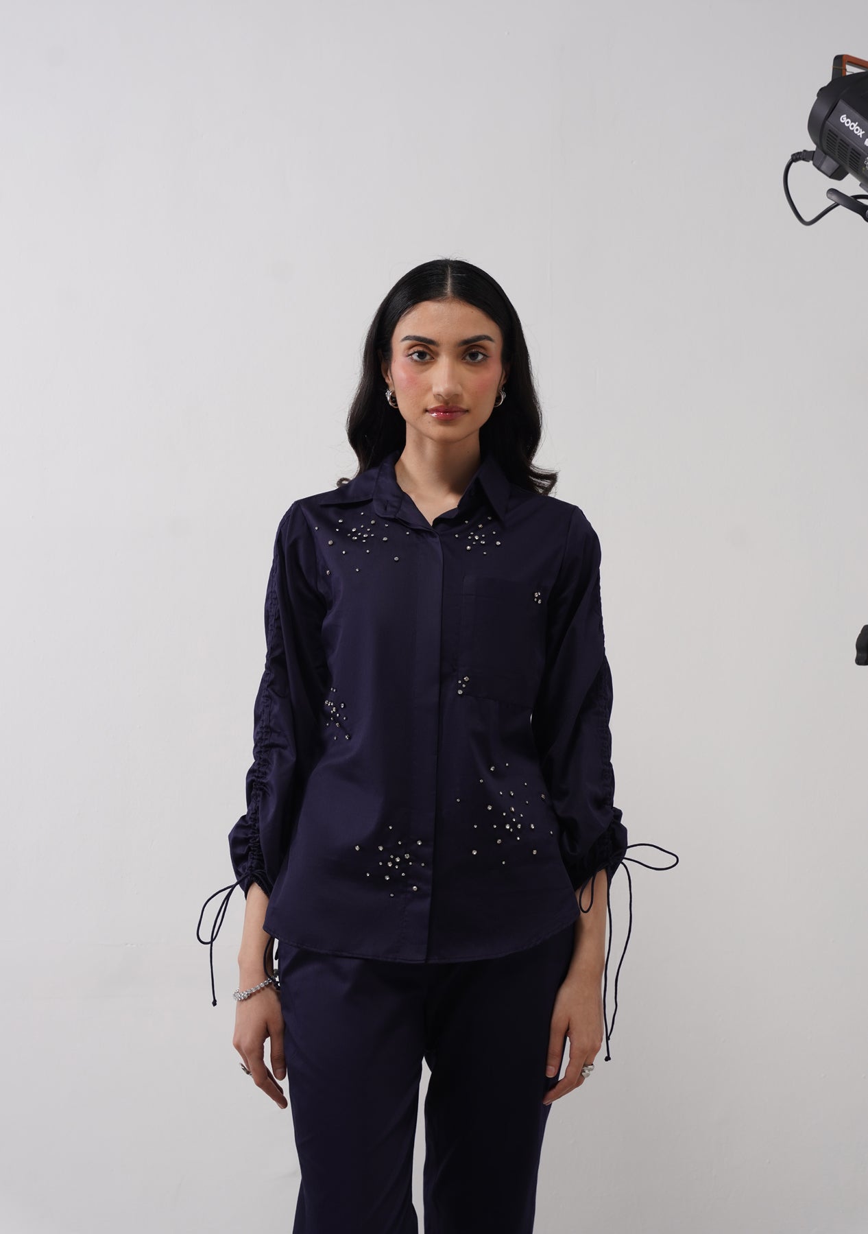 Rhinestone Splatter Hand embroidered Shirt (Navy Blue)