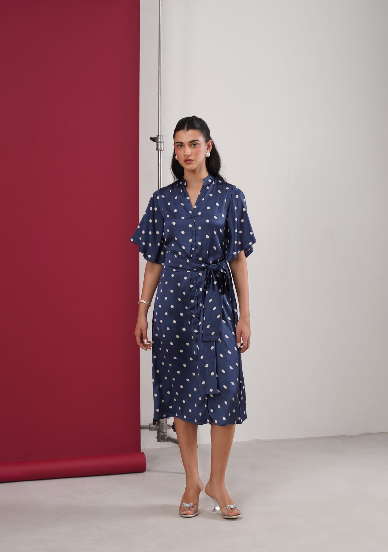 Polka Midi Dress (Navy)