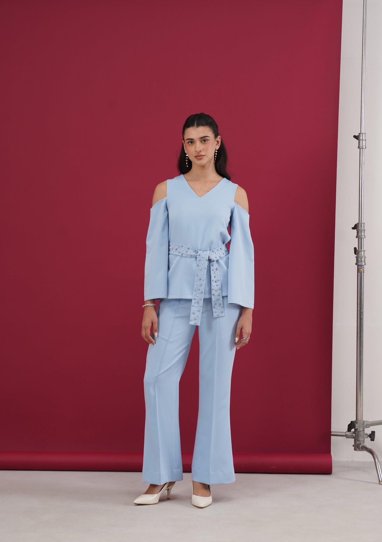 Cold Shoulder Top with rhinestone belt (Powder Blue)