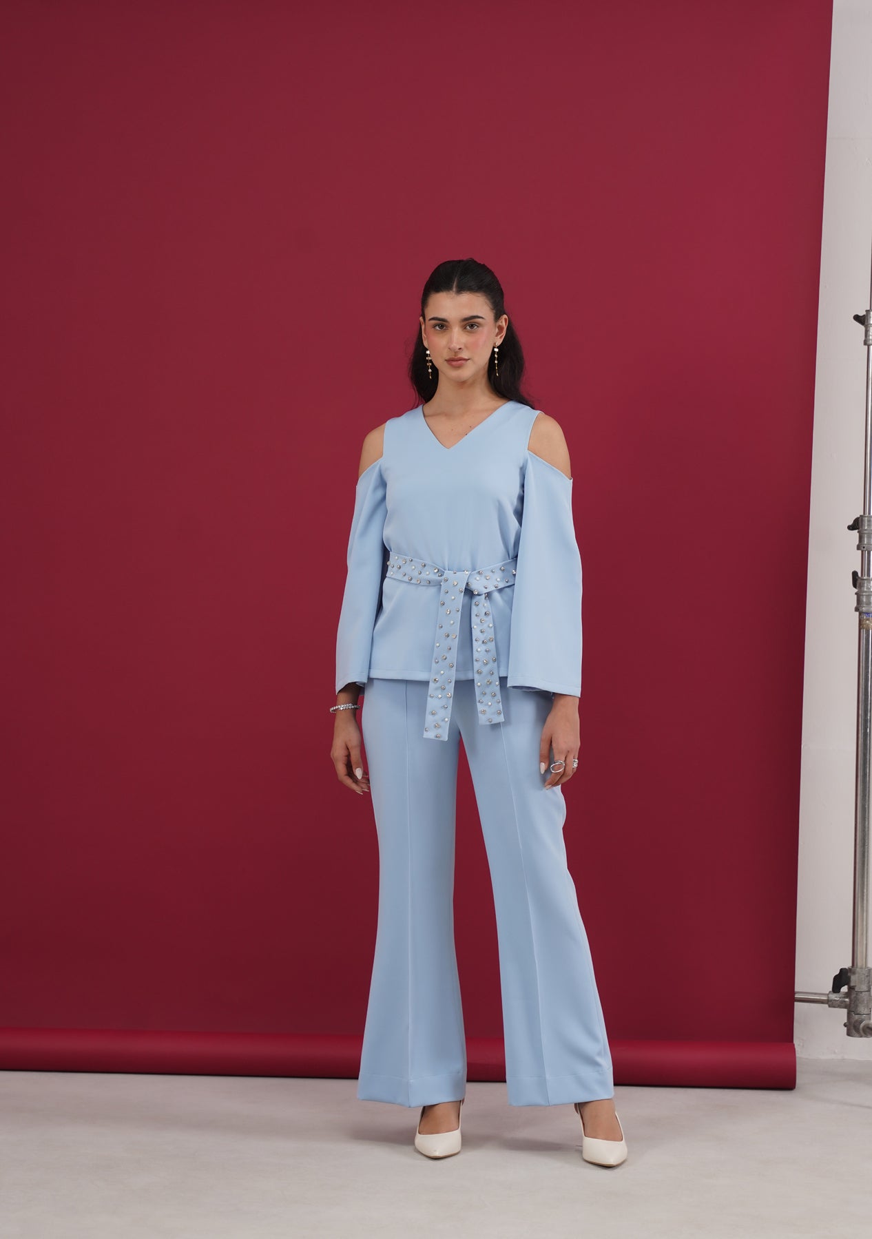 Cold Shoulder Top with rhinestone belt (Powder Blue)