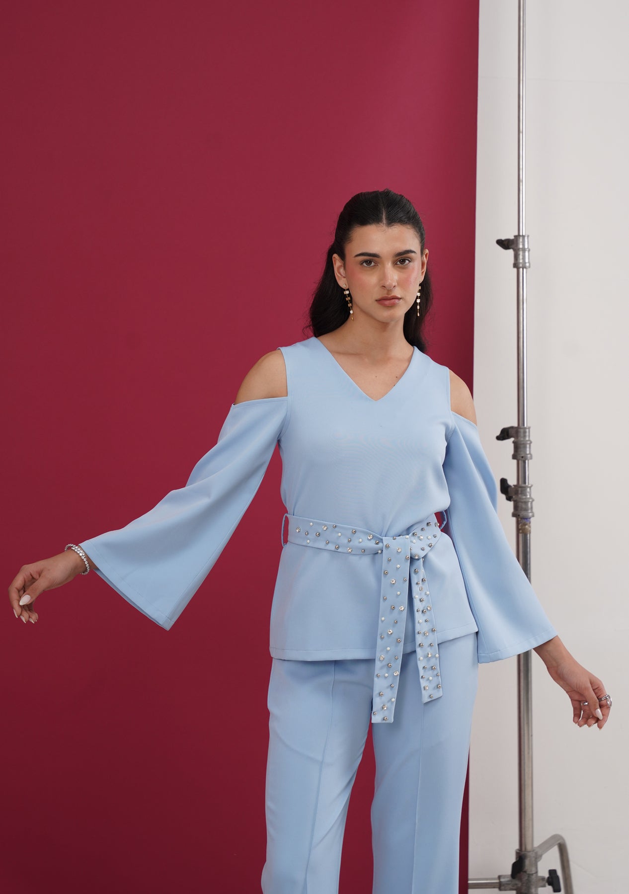 Cold Shoulder Co-ord Set with rhinestone belt (Powder Blue)