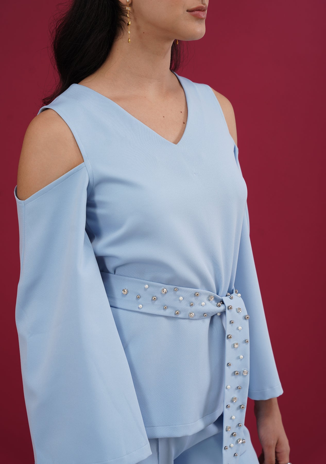 Cold Shoulder Co-ord Set with rhinestone belt (Powder Blue)
