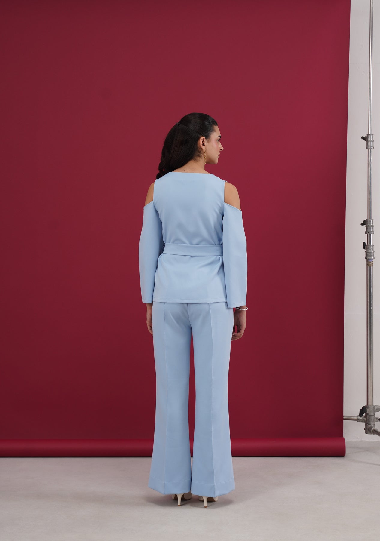 Cold Shoulder Co-ord Set with rhinestone belt (Powder Blue)