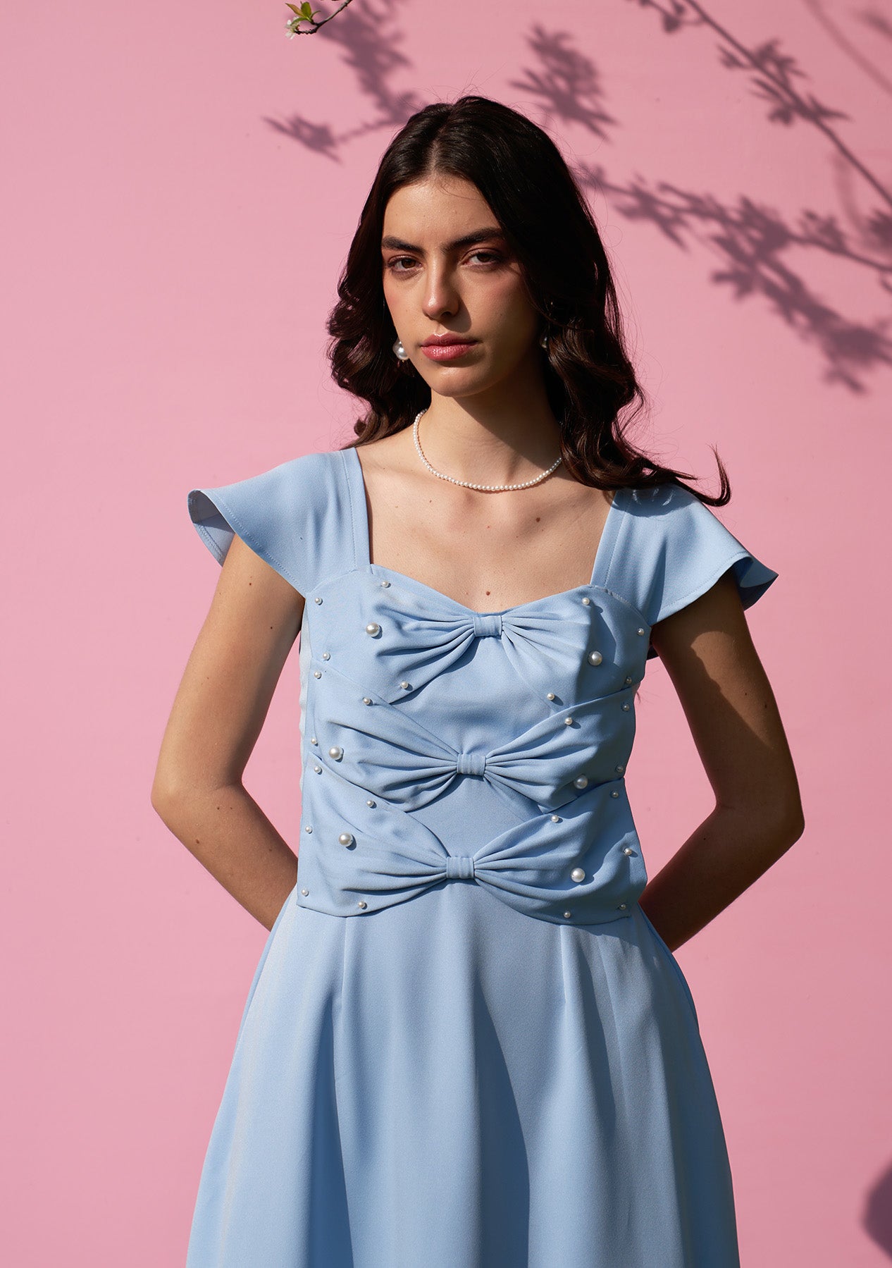 3 Bow Midi Dress (Powder Blue)